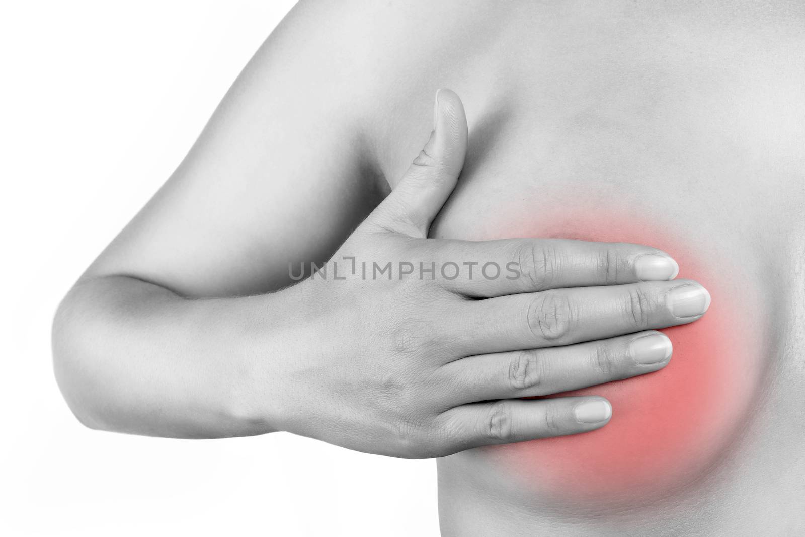 Breast cancer. Female hand touching naked breast isolated on white background. Black and white picture with red pain area. Feminine health concept.