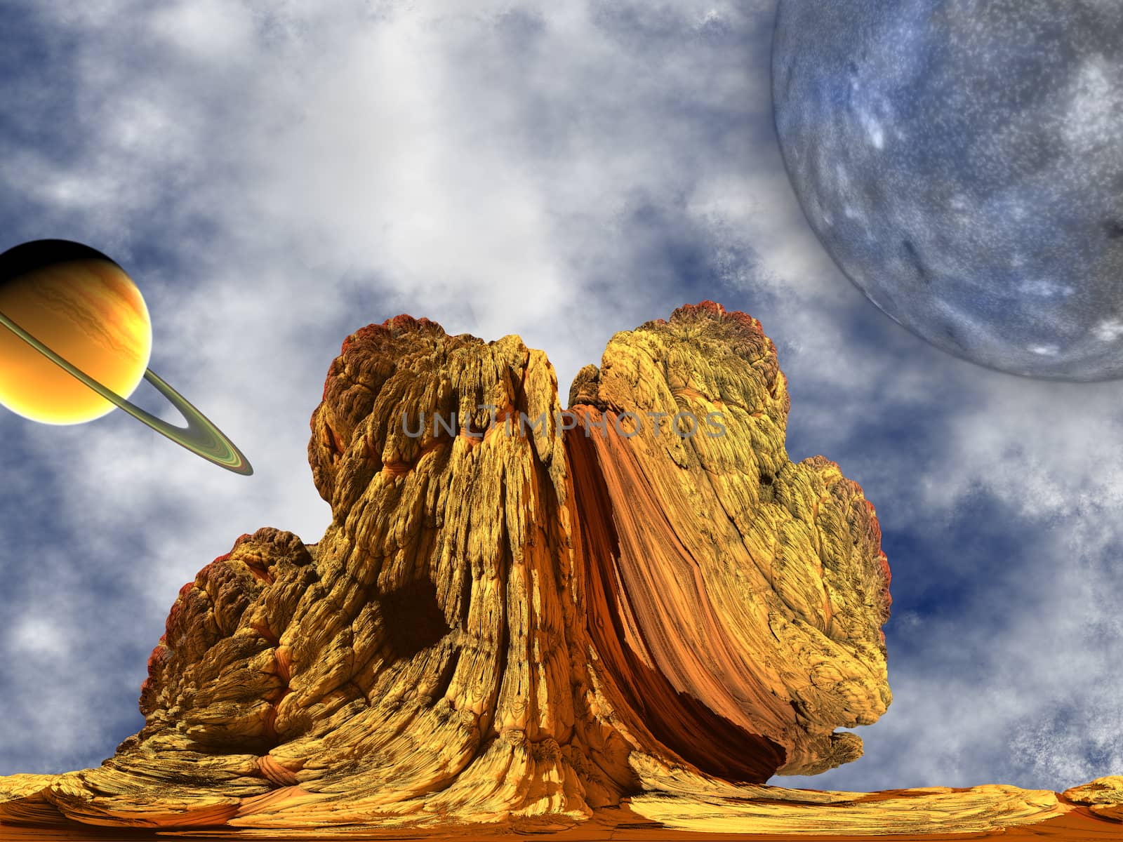 Alien Rock with sky background and two planets