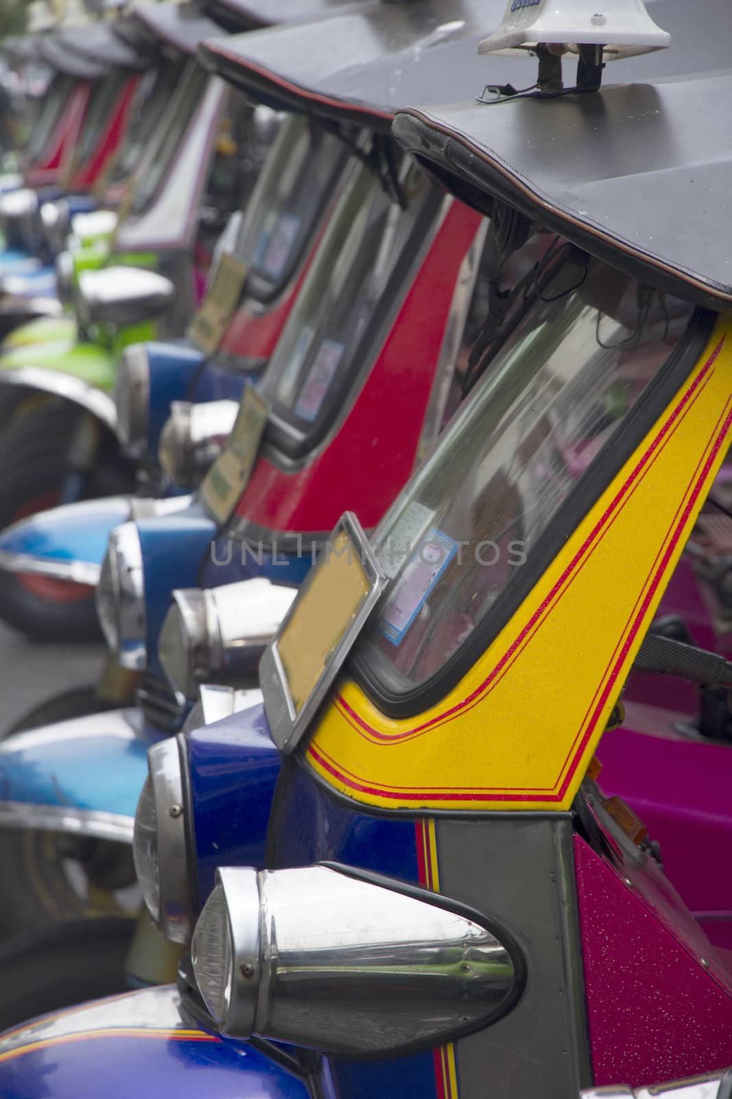 Close up of tuk tuks in Bangkok, Thailand.