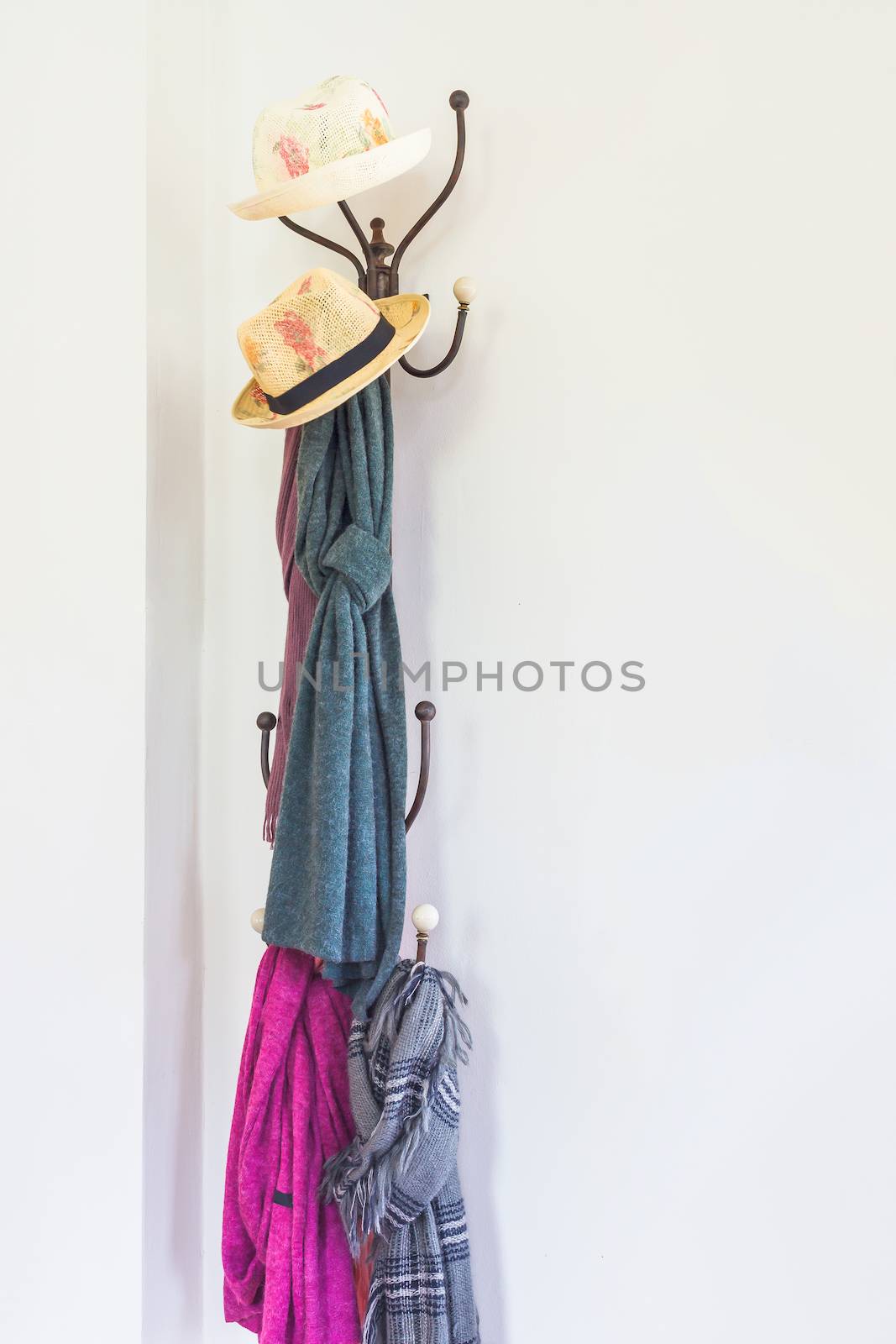 vintage Hat Stand and hanger clothes set on white wall