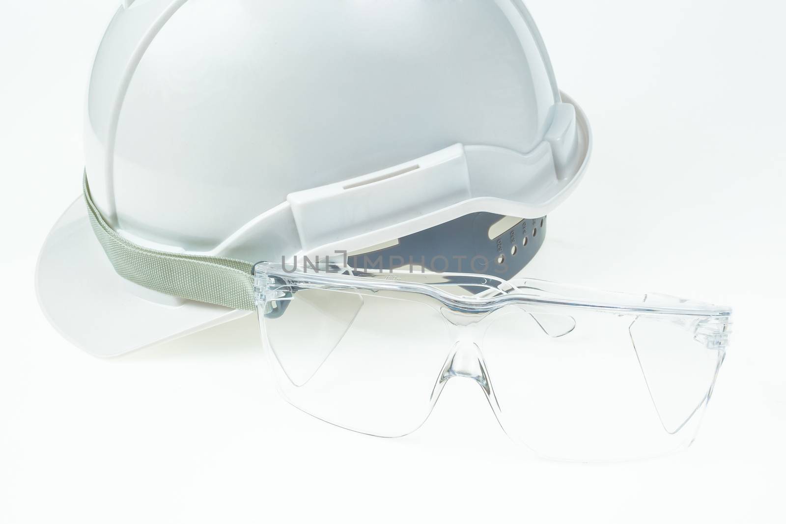 engineering concept, safety helmet and glasses