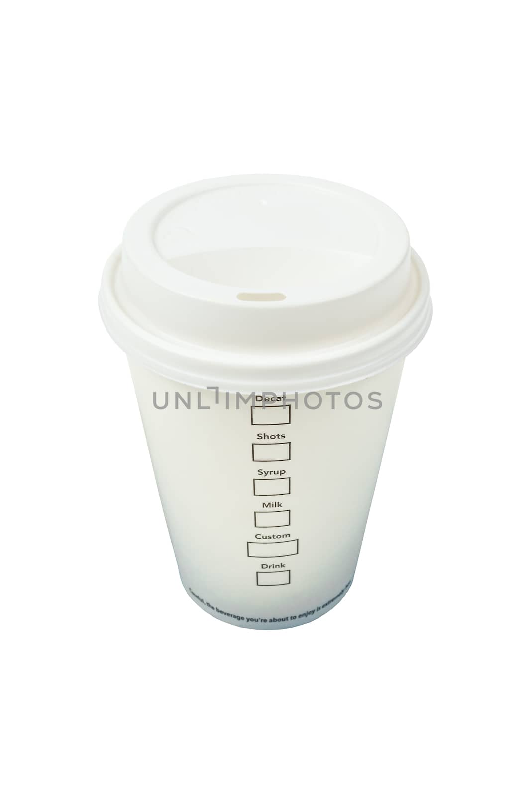 Paper cup of coffee and menu on white background