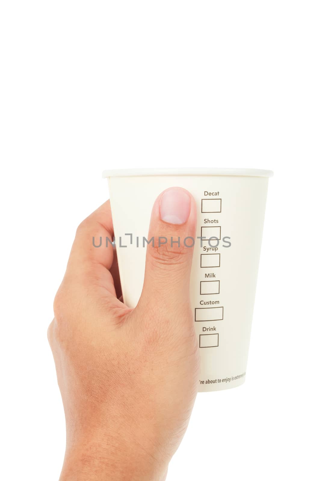 hand holding Paper cup of coffee and menu on white background