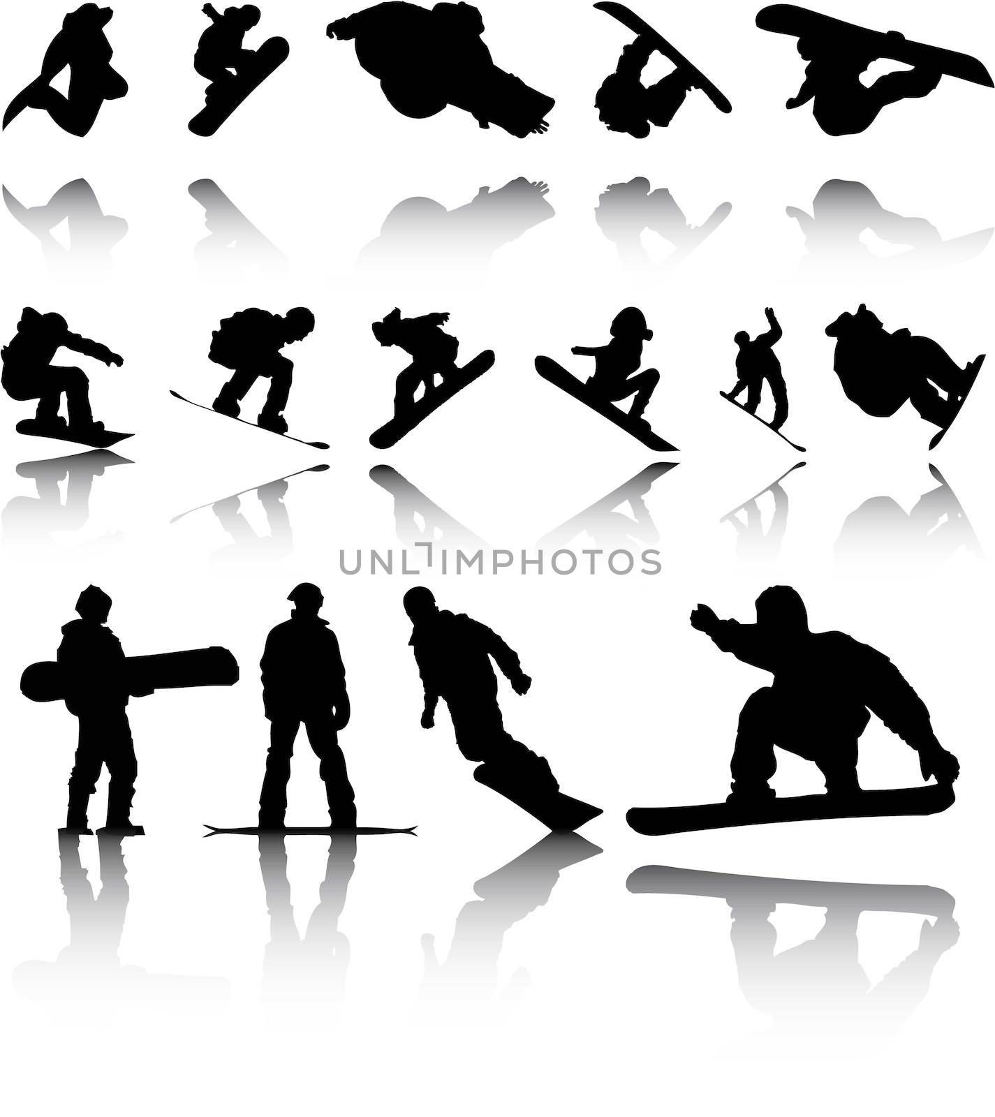 Illustration of Silhouettes of Snowboarders with reflection by DragonEyeMedia