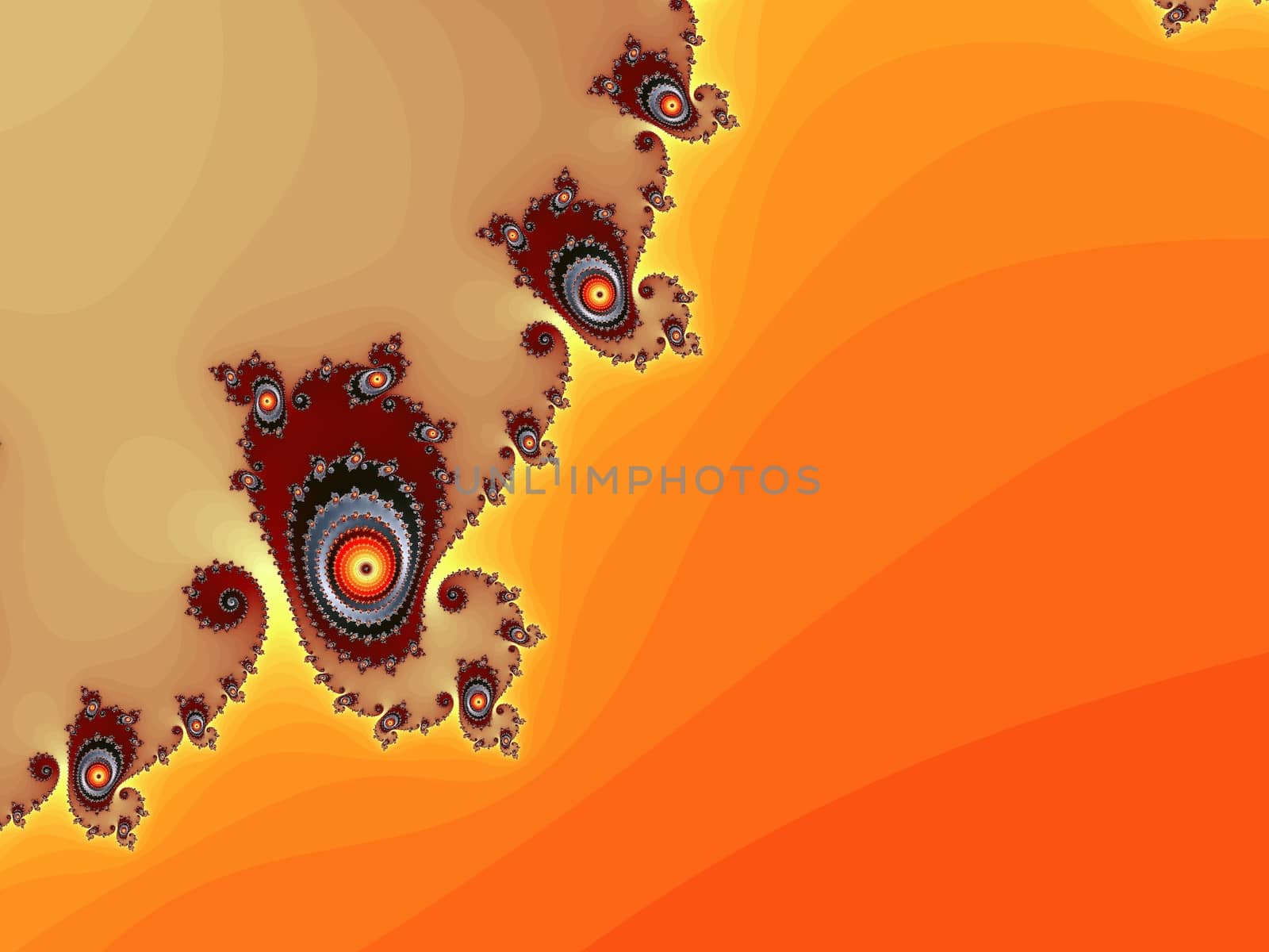 Digital computer graphic - rendering. Patterned fractal background with spirals in a bright colors for design.