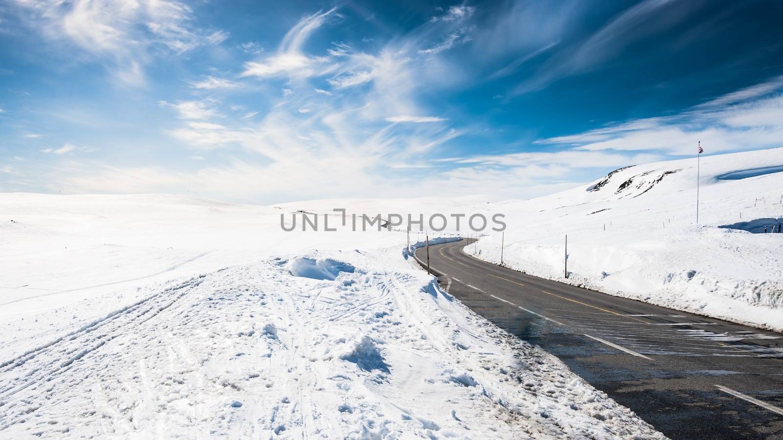 A winter road over mountain passage between Oslo and Bergen in Norway