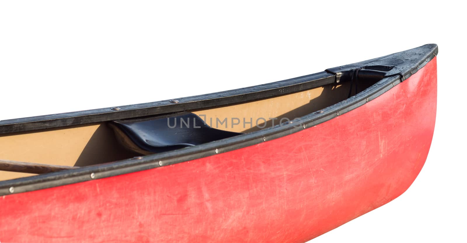 Red prow of canoe or kayak with clipping path to allow easy isolation from white background behind the boat