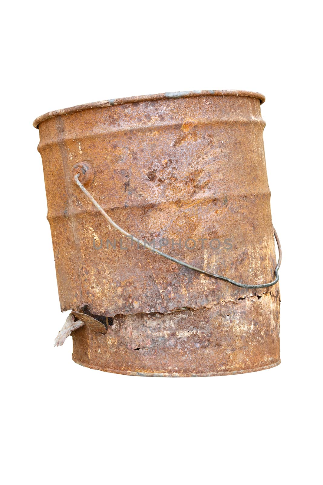 Old rust bucket on white background