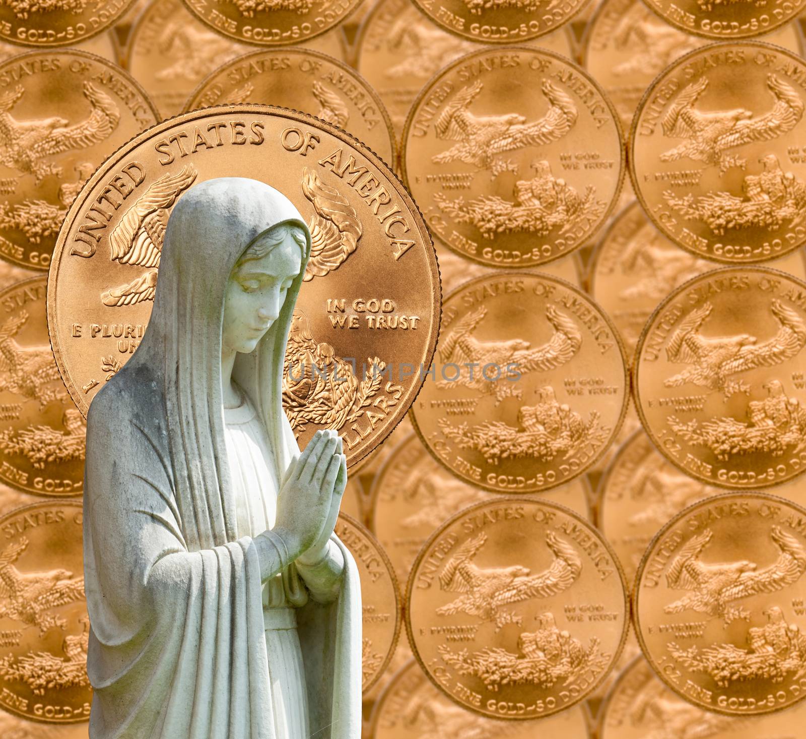 Image of statue of lady praying with US currency as background as a concept for the linkage of religion with money and wealth