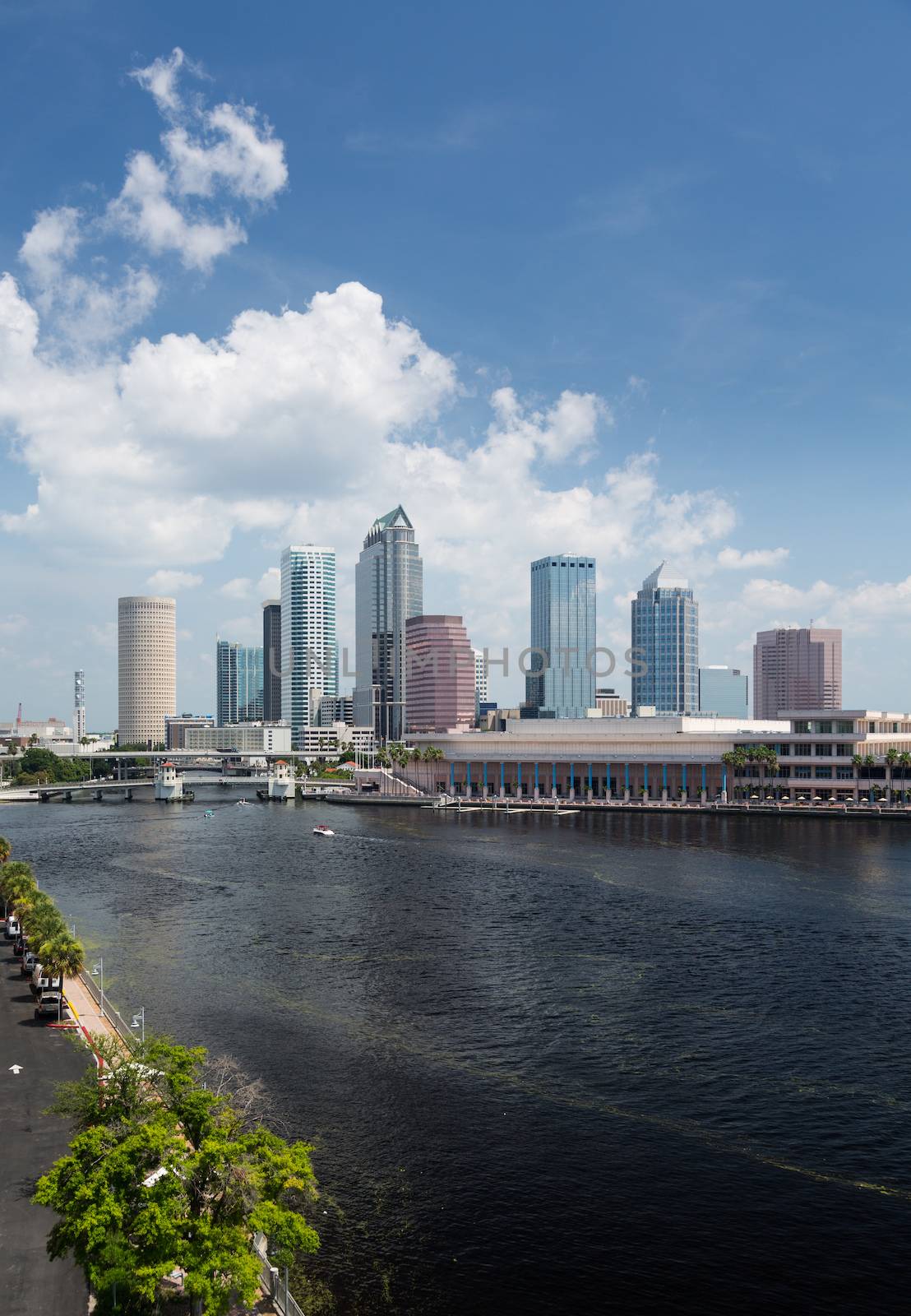 Florida skyline at Tampa with the Convention Center on the riverbank. Taken in summer during the day