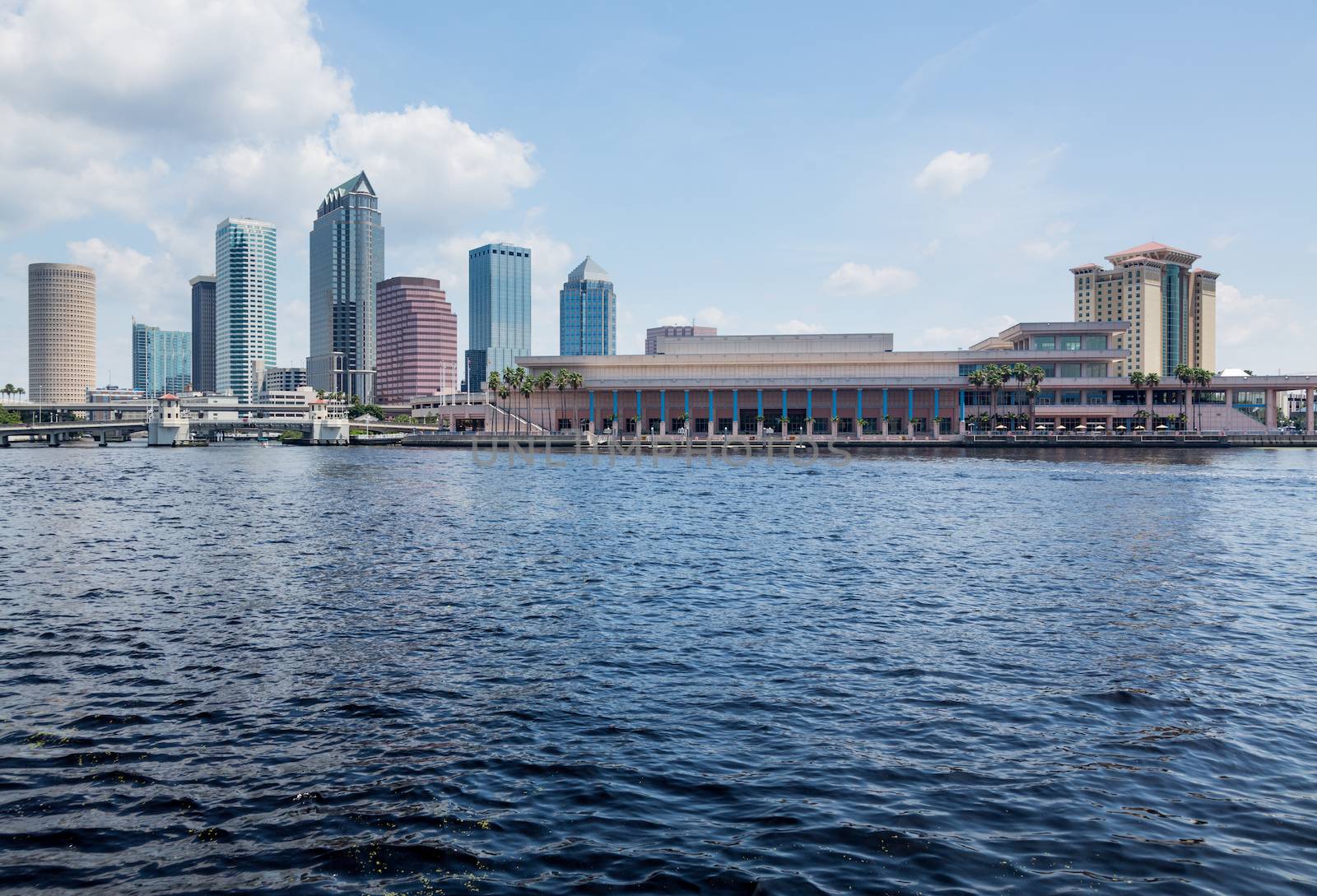 Florida skyline at Tampa with the Convention Center on the riverbank. Taken in summer during the day