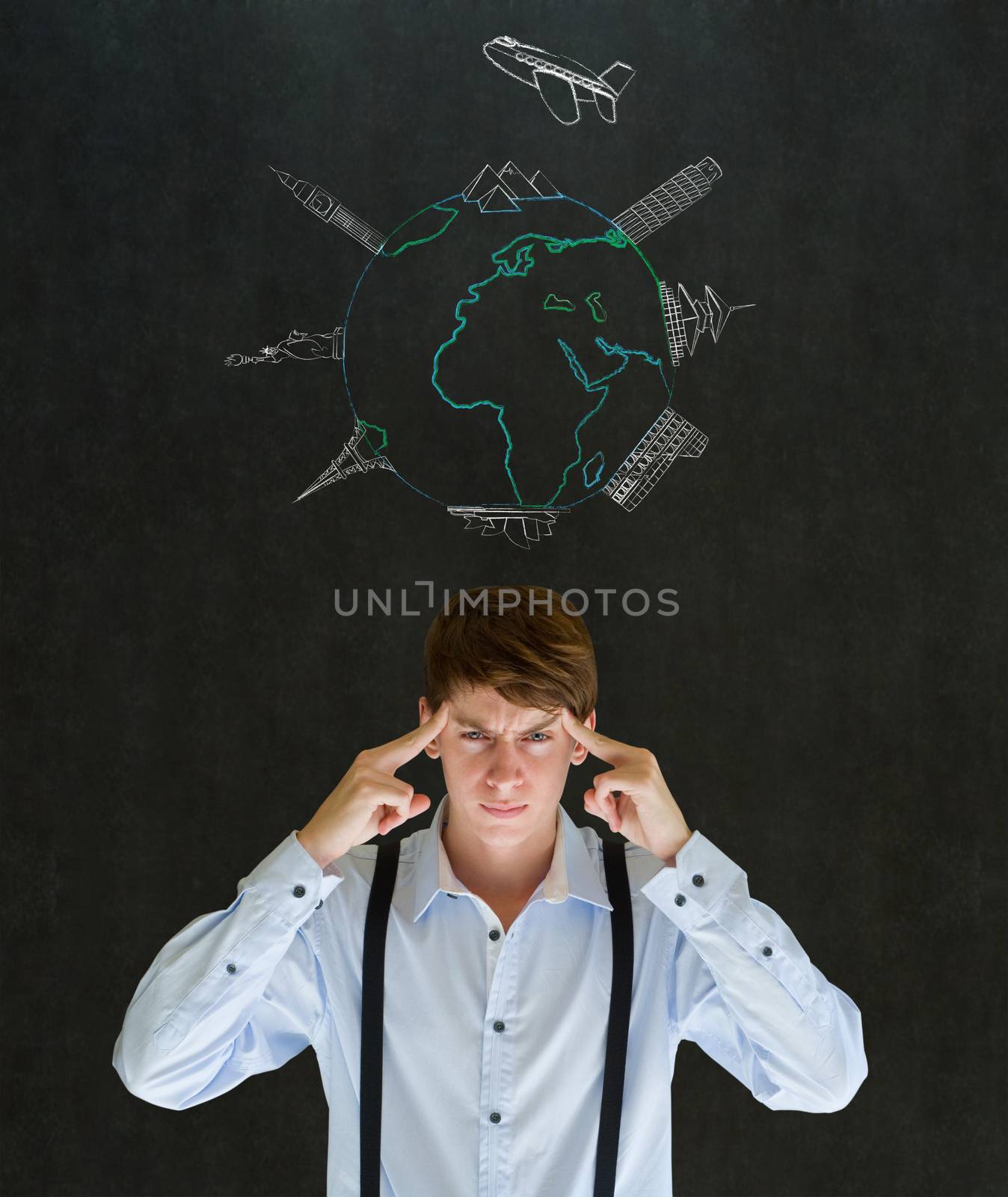 Business travel agent chalk airplane world globe with famous landmarks on blackboard background by alistaircotton