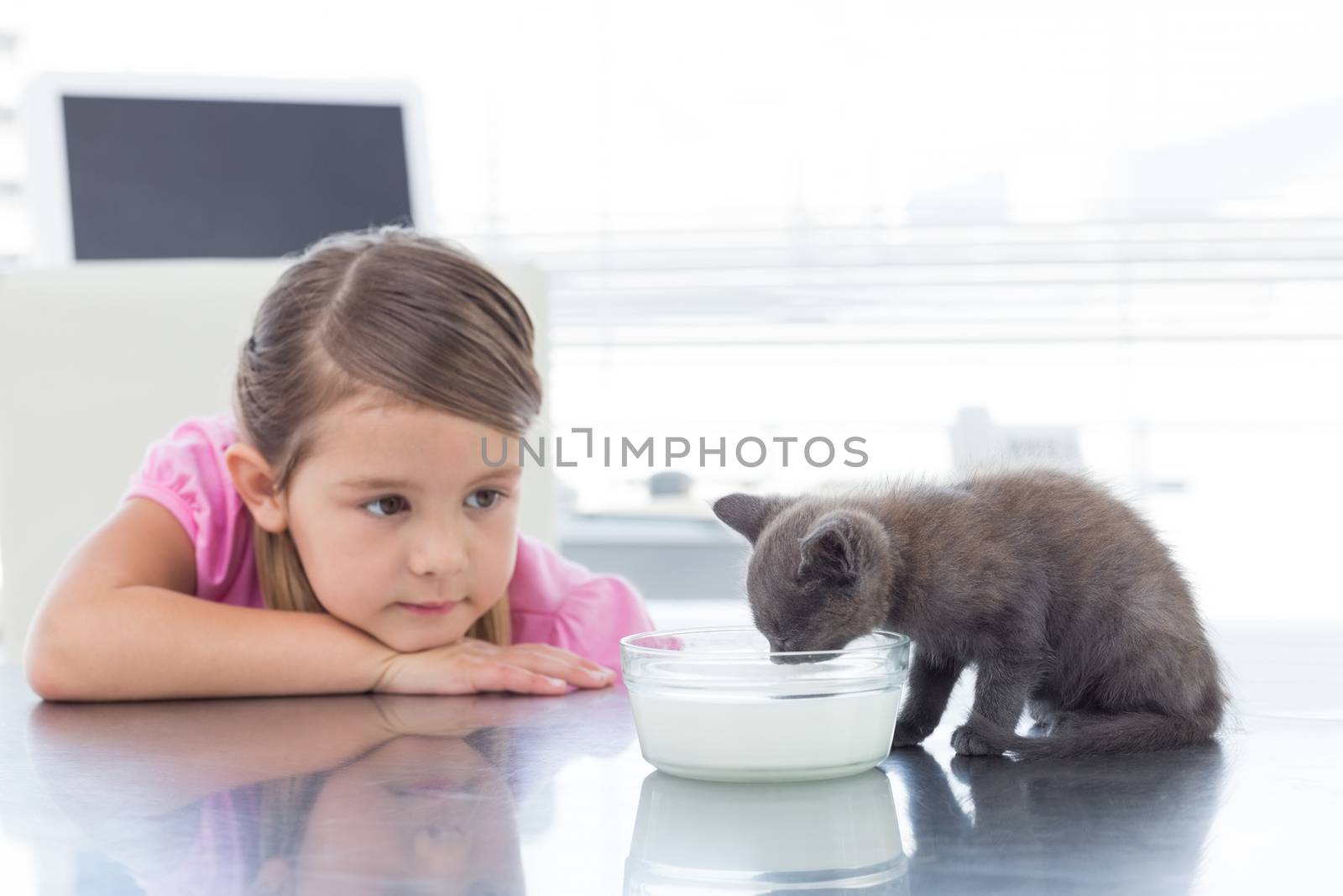 Girl looking at kitten drinking milk from bowl by Wavebreakmedia