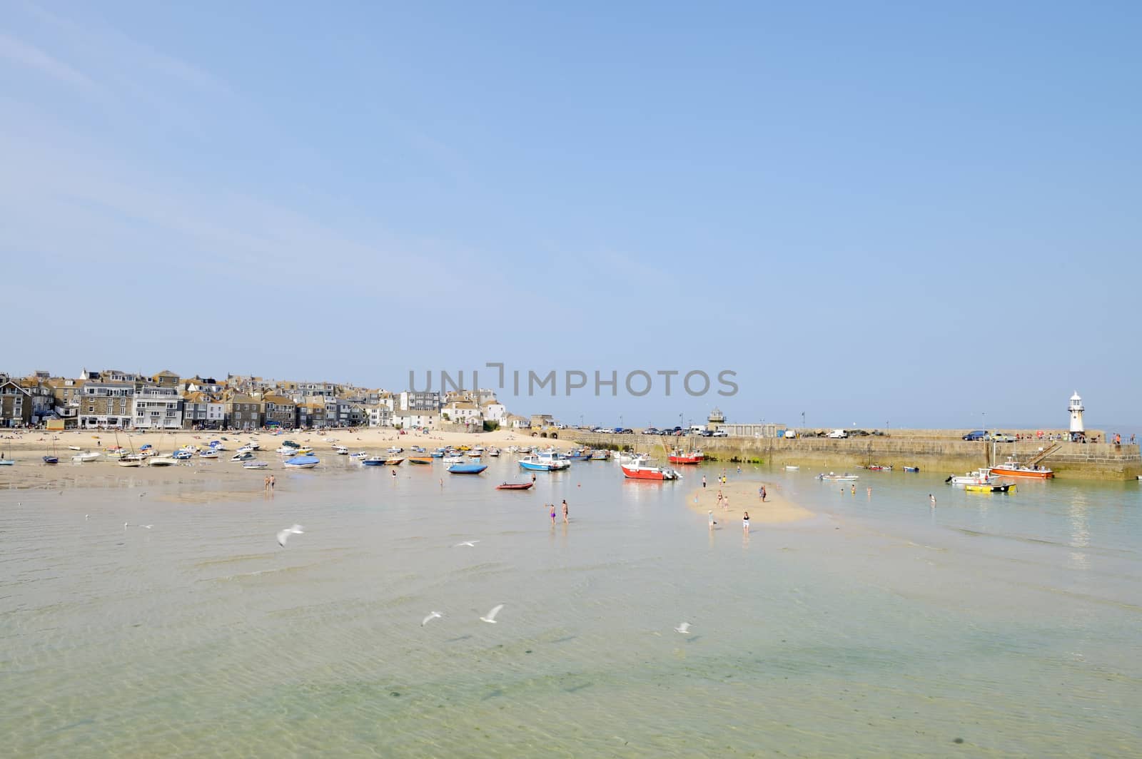 St Ives in Cornwall on a sunny day with seagulls flying and fishing boats in the background