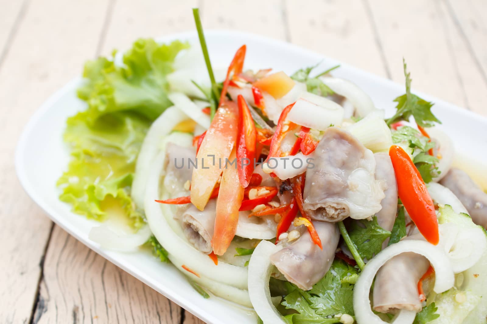 spicy intestines pork salad with vegetable - Thai food