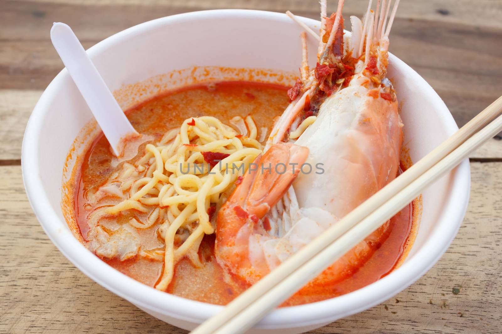 Egg noodle spicy soup with shrimp (Thai food)