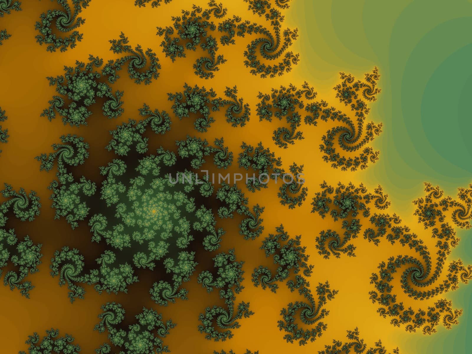 Digital computer graphic - rendering. Patterned fractal background with spiral in a green - yellow colors for design.