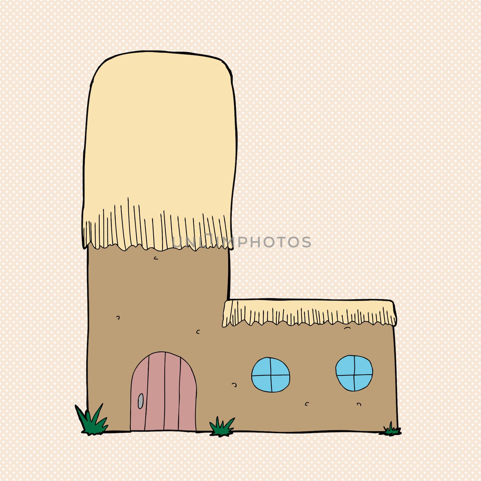 Cute mud hut with thatched roof as letter "L"