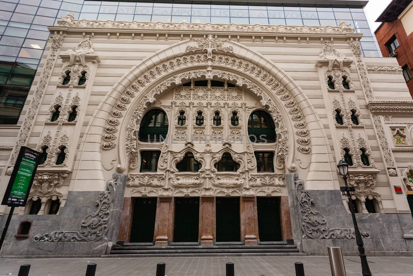 Beautiful main entrance modernist facade of Campos Eliseos Theathre in Bilbao Basque Country Spain