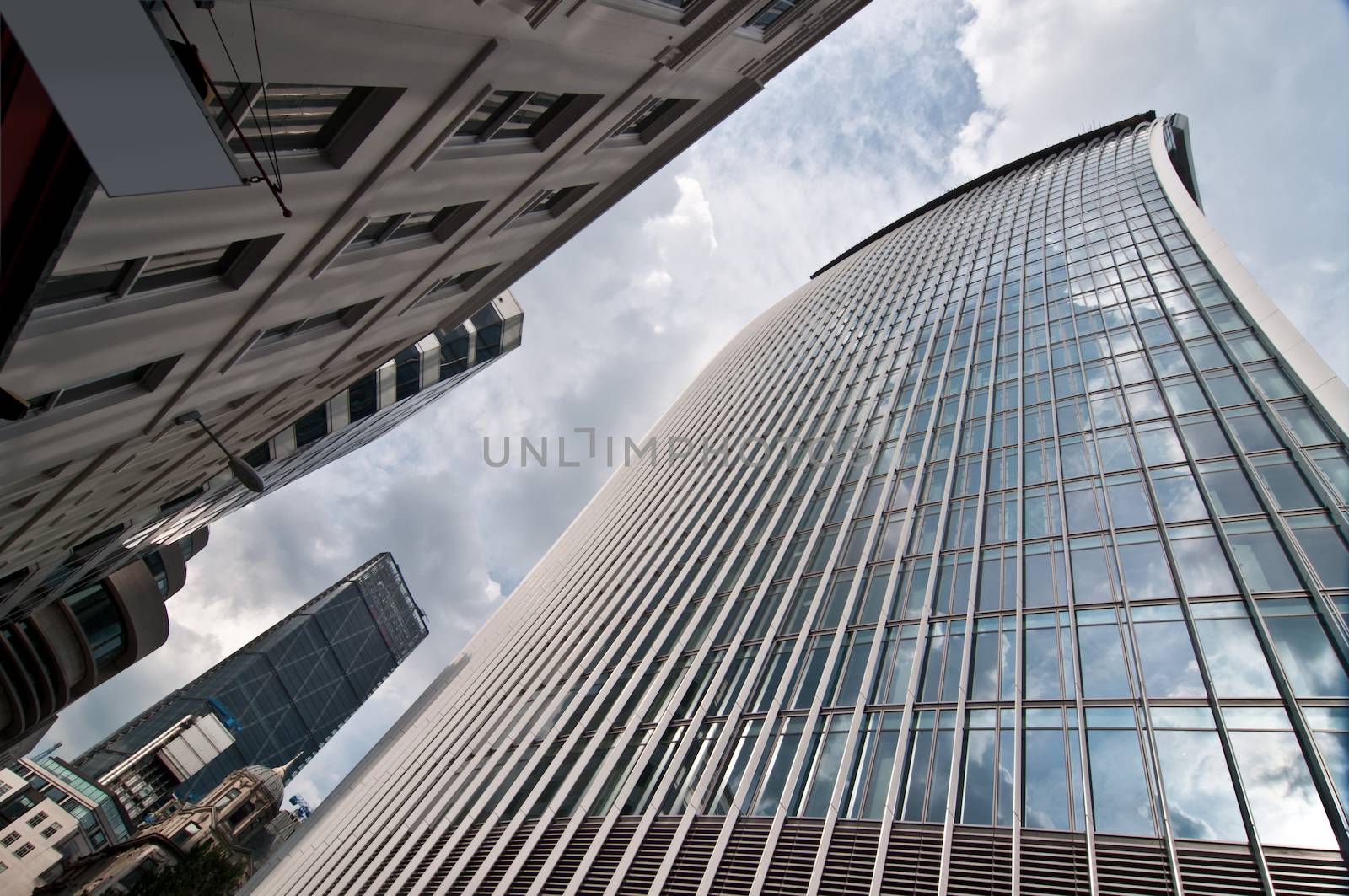 Modern architectural buildings on London streets 