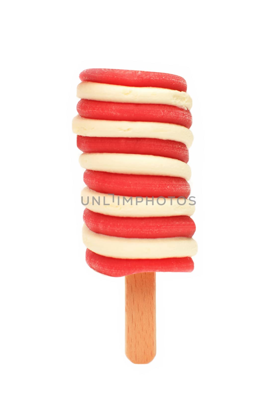 Strawberry flavoured ice popsicle over a white background