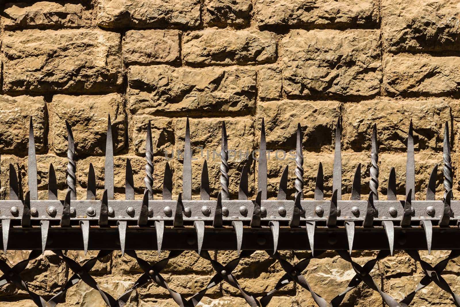 Closeup pic of metal thorns in a protective security barrier in the city center of Leon , Spain