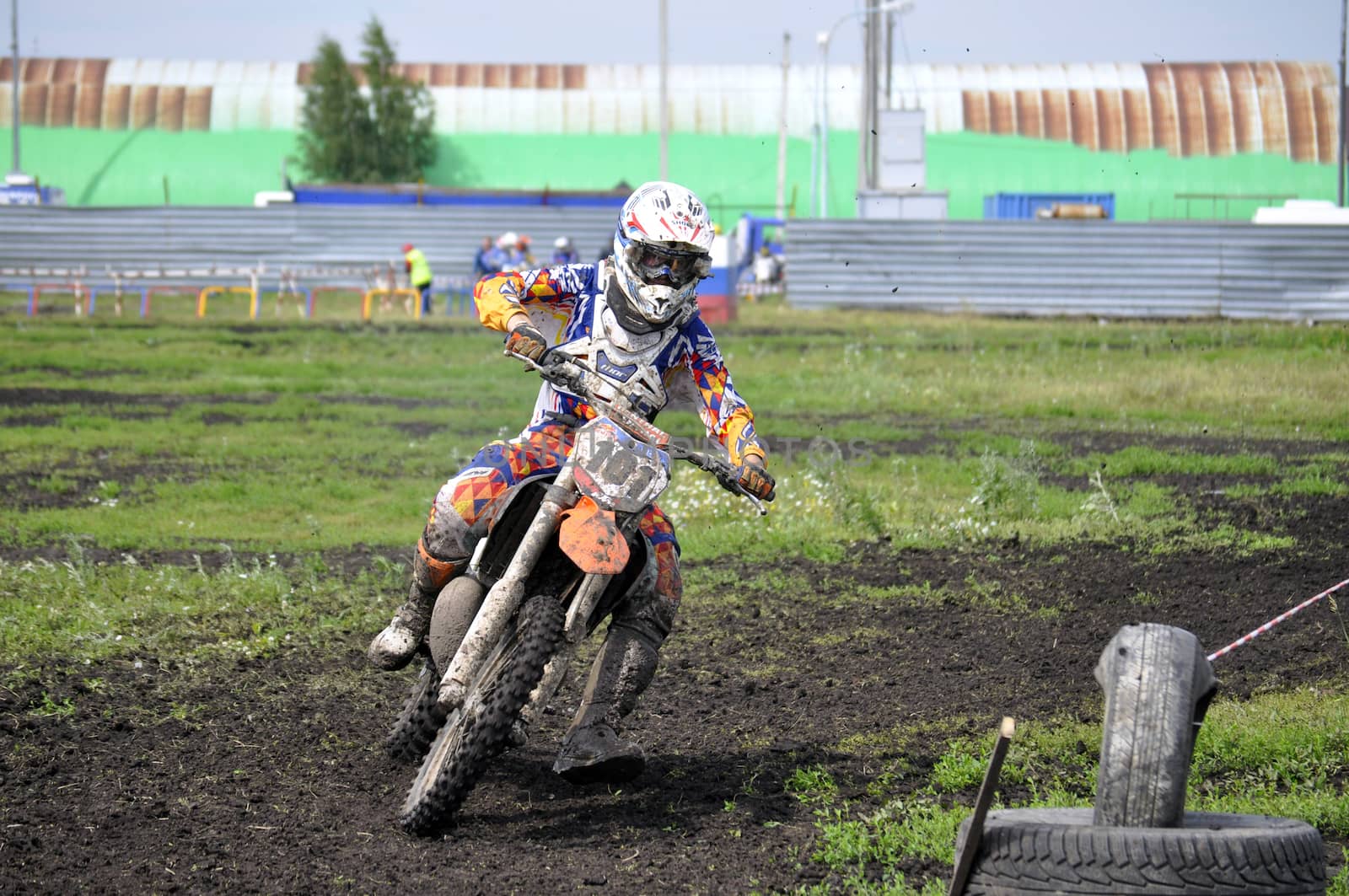 Motorcyclists on motorcycles participate in cross-country race