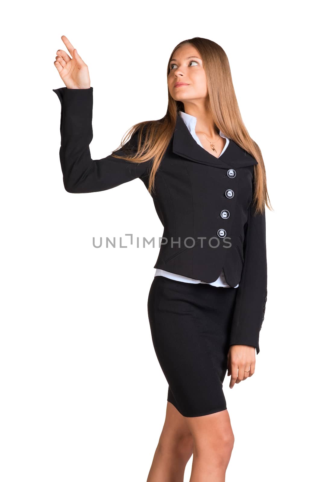 Businesswoman pointing her finger upward. Isolated on white background