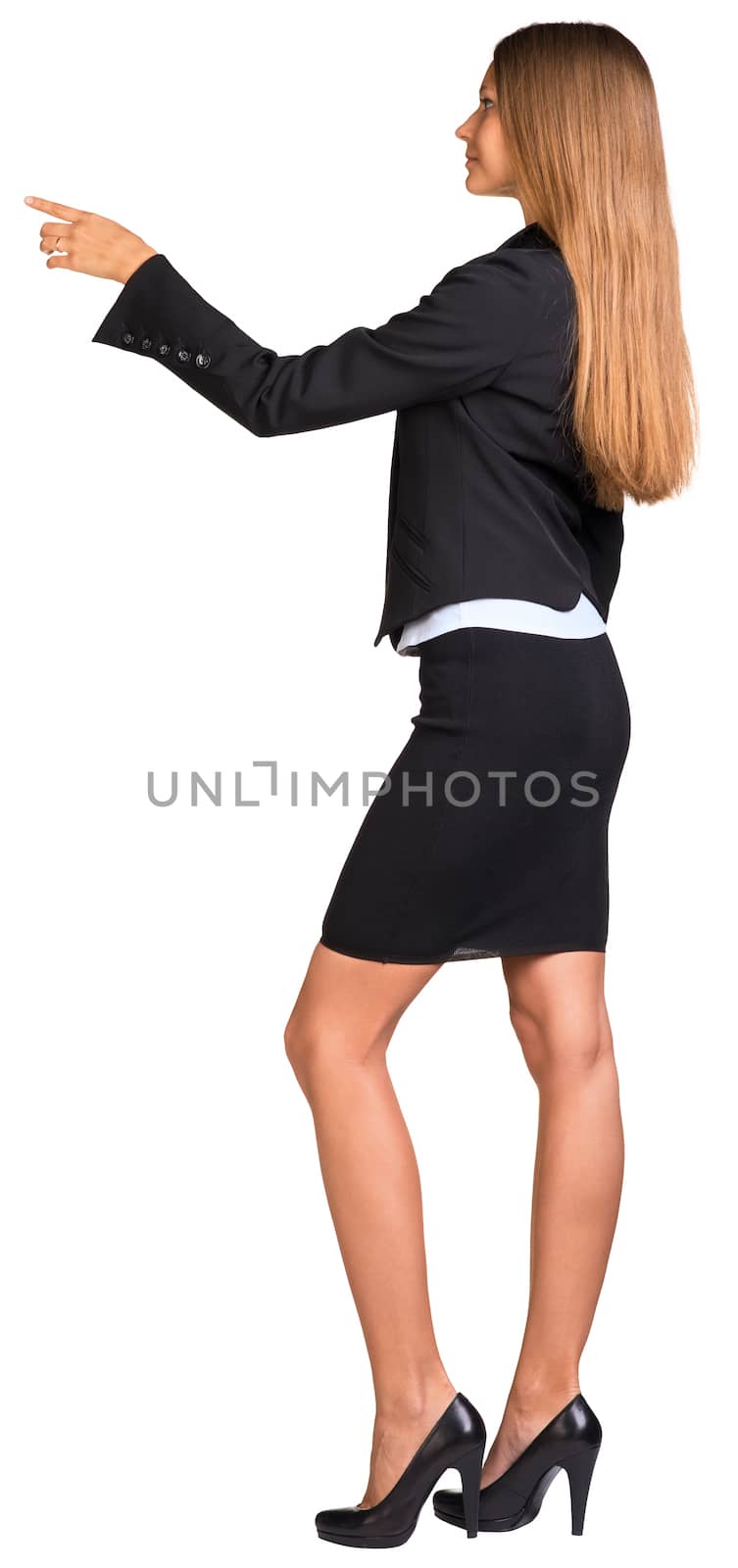 Businesswoman points finger forward. Isolated on white background
