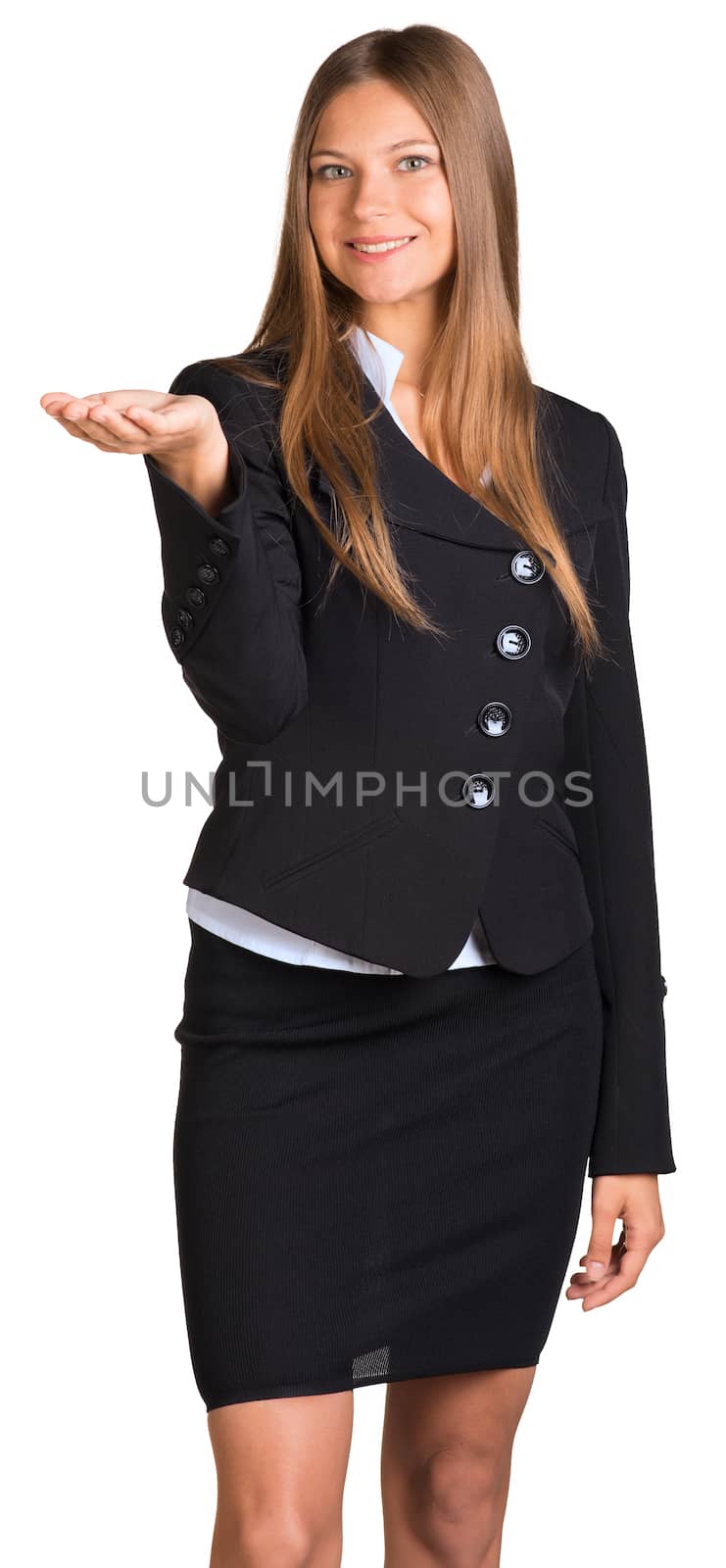 Businesswoman points hand forward. Isolated on white background