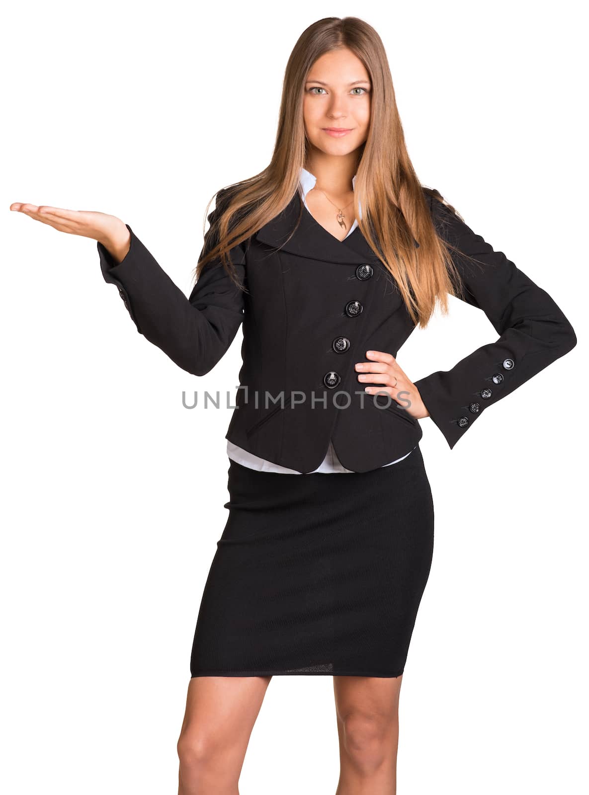 Businesswoman points hand toward. Isolated on white background