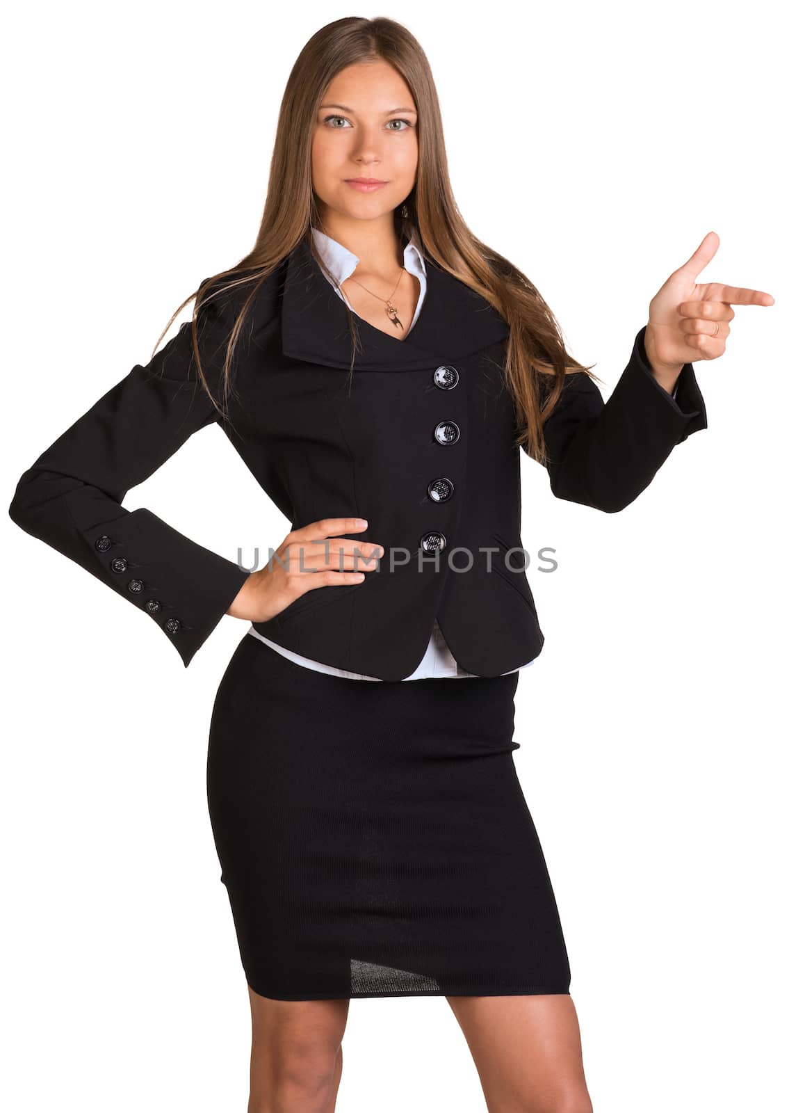 Businesswoman points finger toward. Isolated on white background