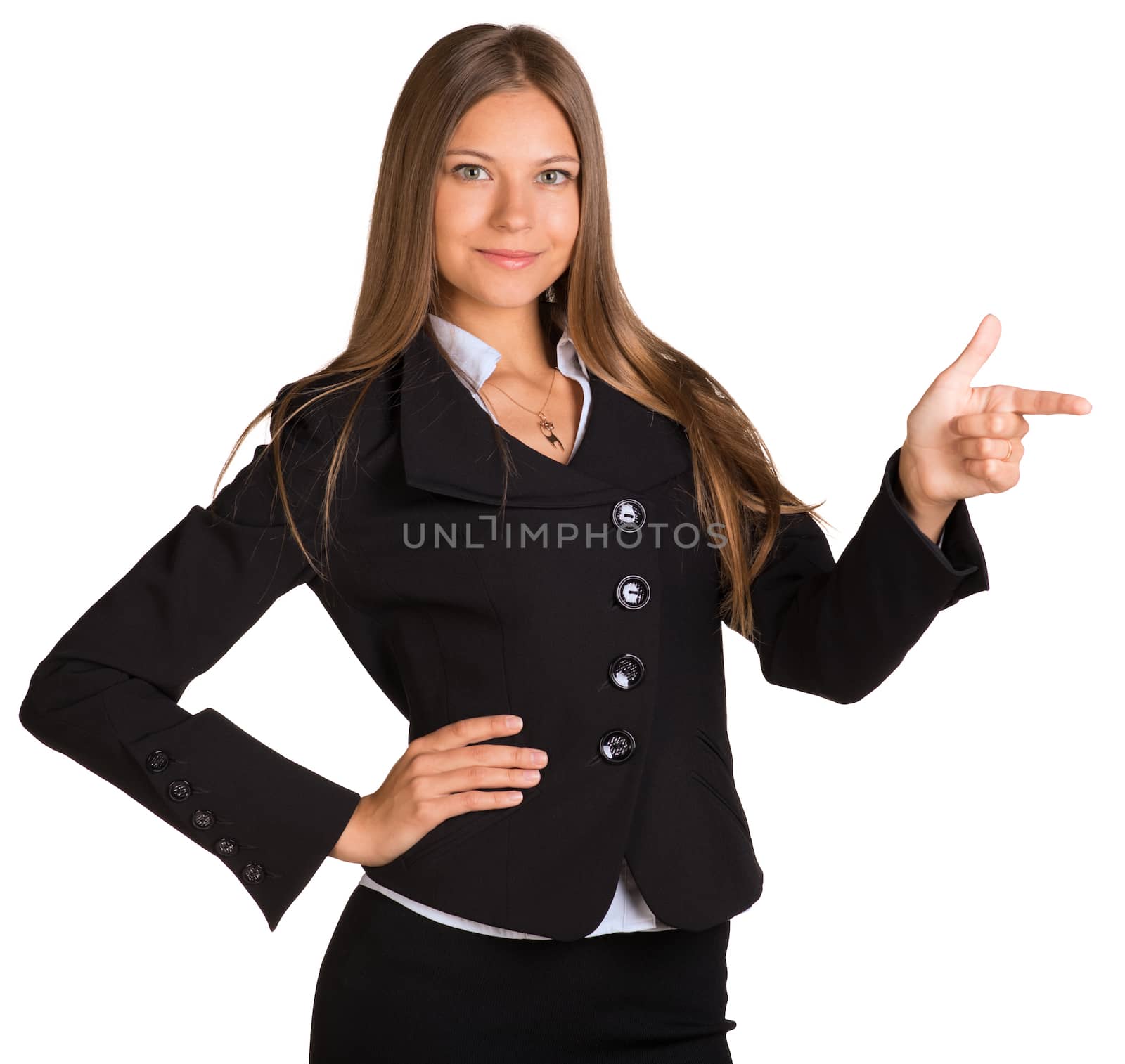 Businesswoman points finger toward. Isolated on white background