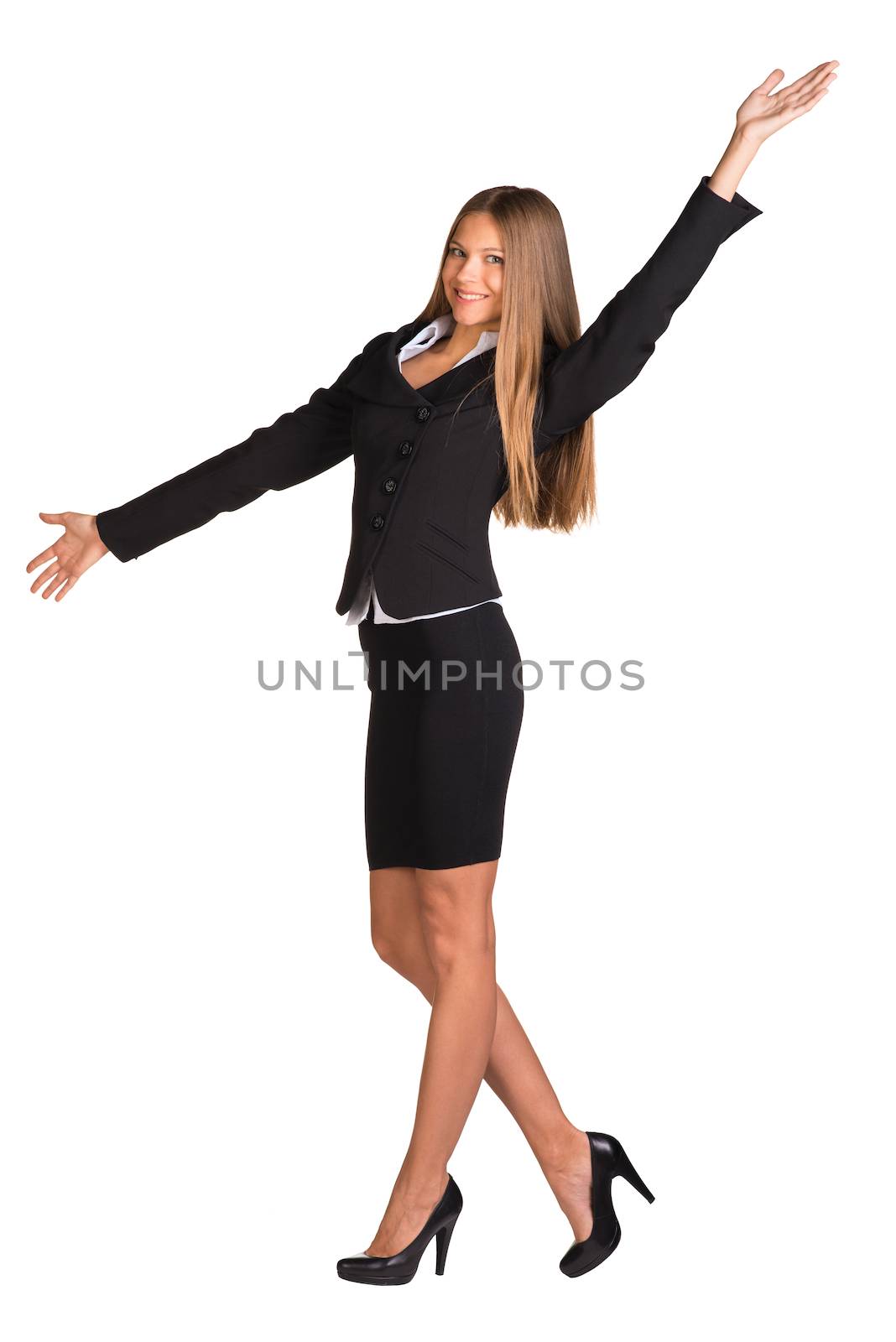Businesswoman opened her arms to the side. Isolated on white background