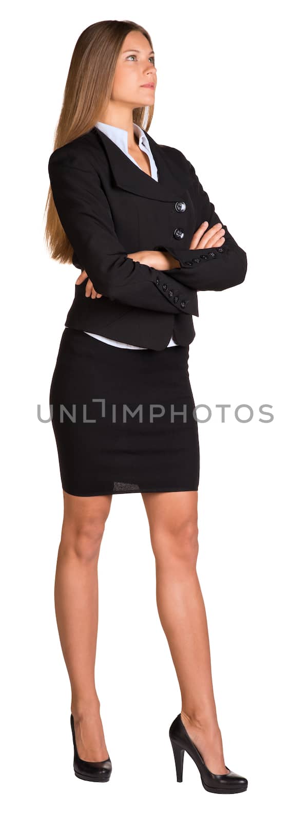 Businesswoman standing in half turn. Isolated on white background