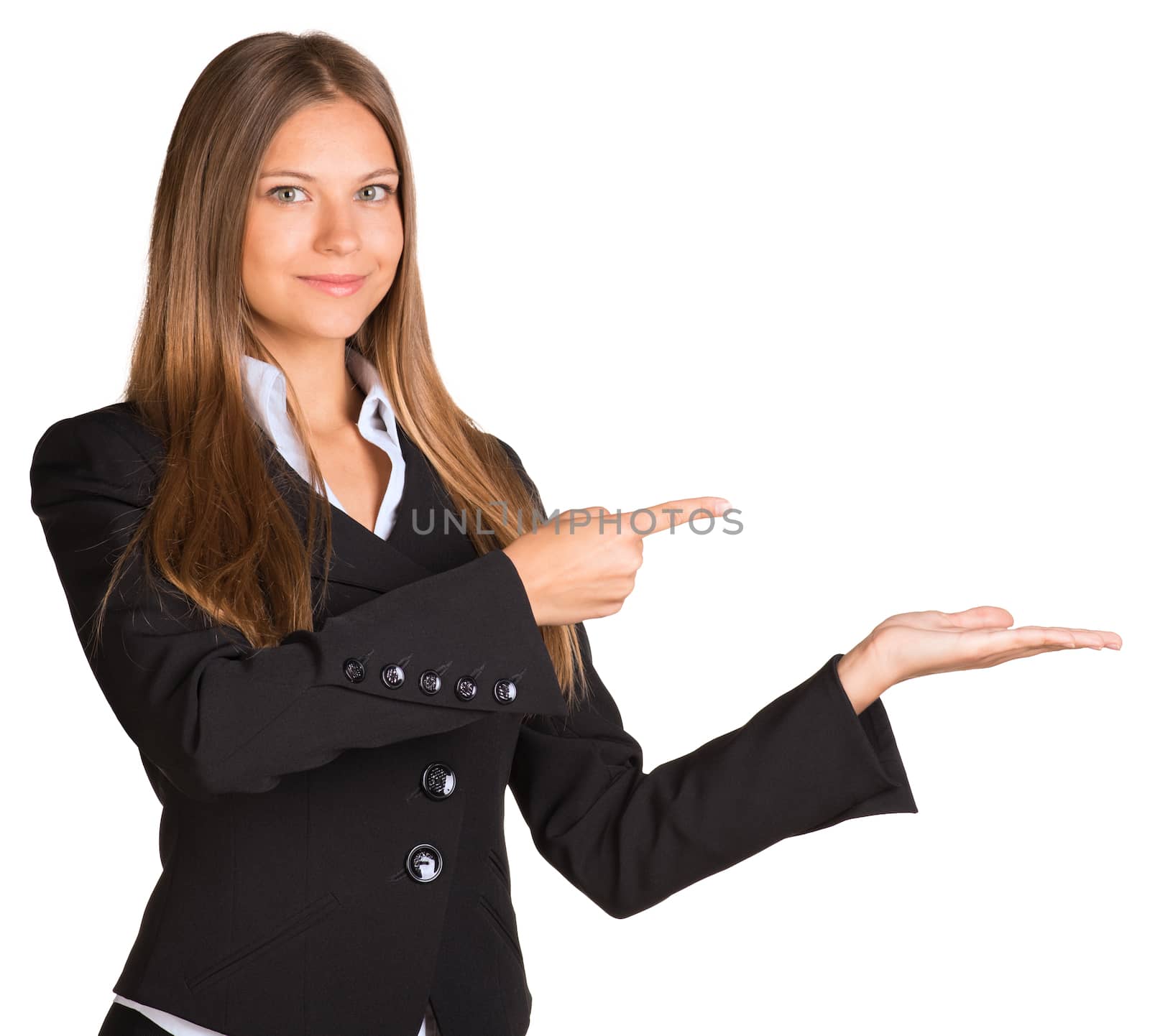 Businesswoman pointing her finger at the empty hand. Isolated on white background