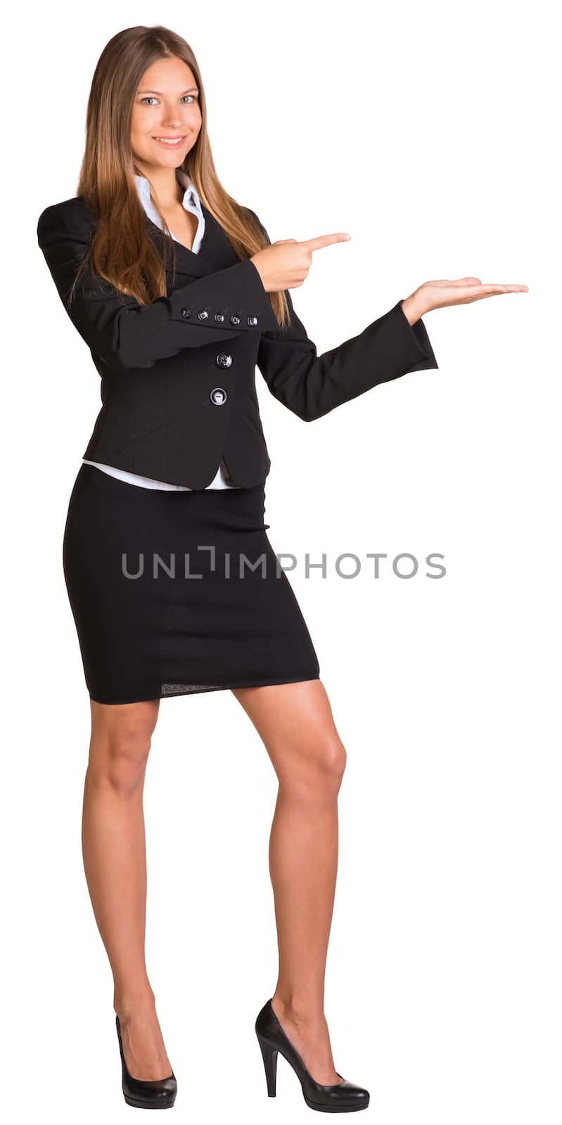 Businesswoman pointing her finger at the empty hand. Isolated on white background