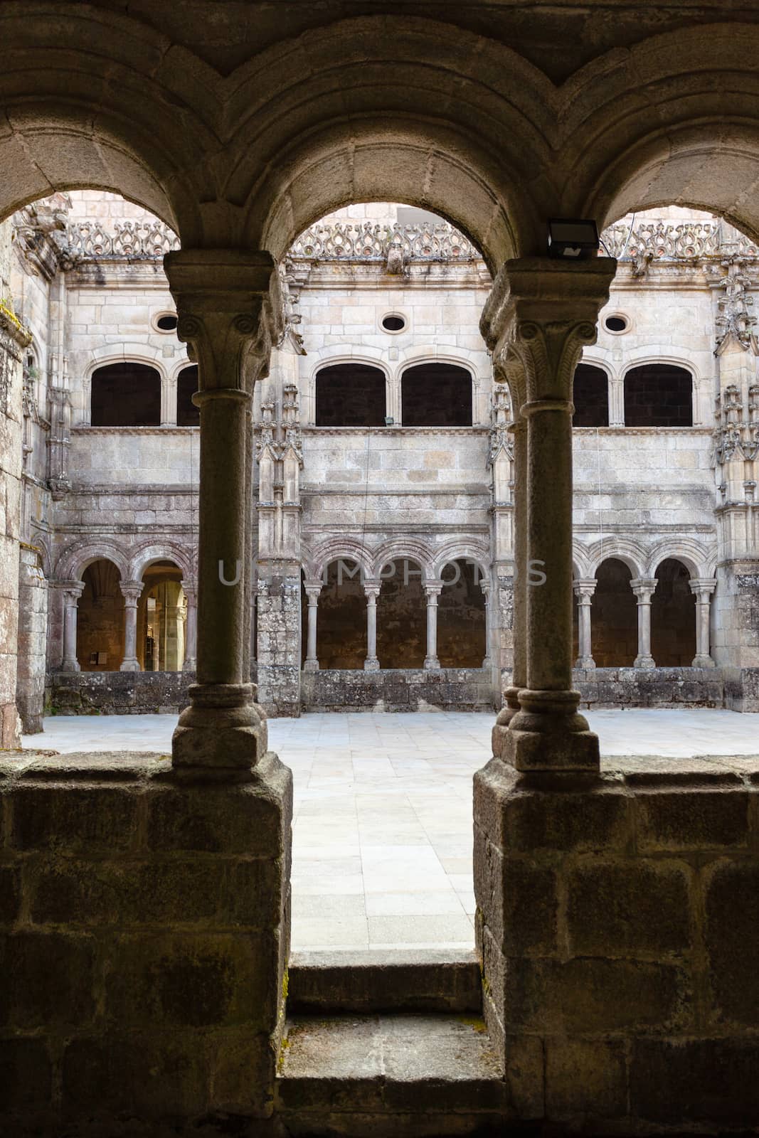 Beautiful romanesque archery in the cloister of the manastery of santo estevo do rivas do sil located in the province of orense in Spain