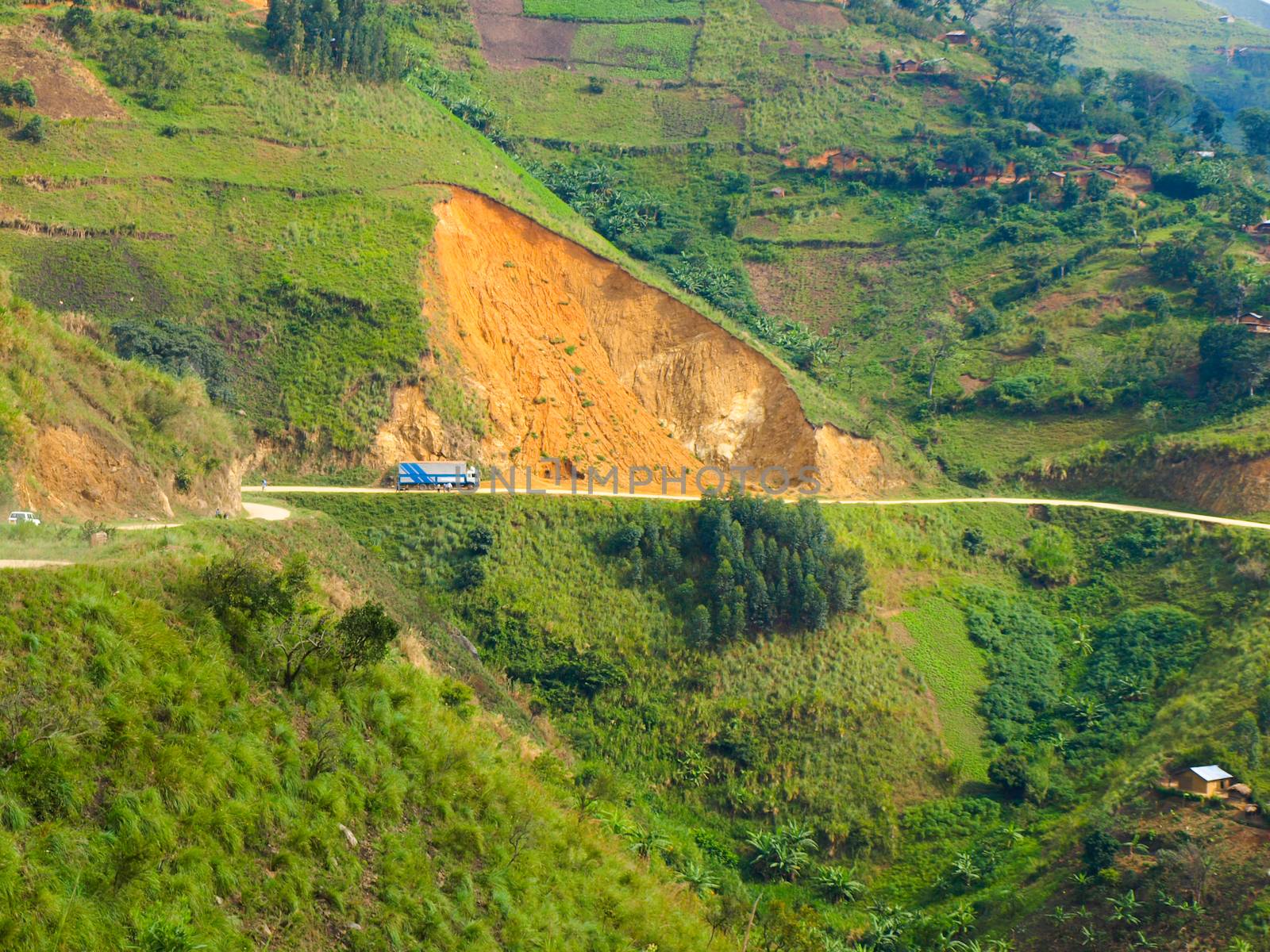 Landslides above the road in african mountains 