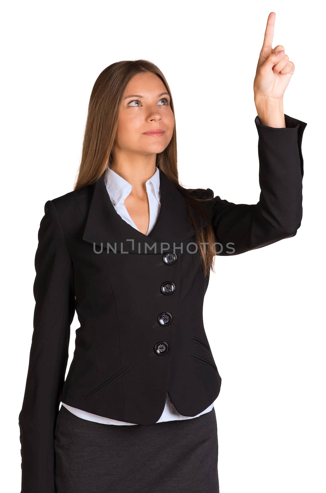 Businesswoman pointing her finger upward. Isolated on white background