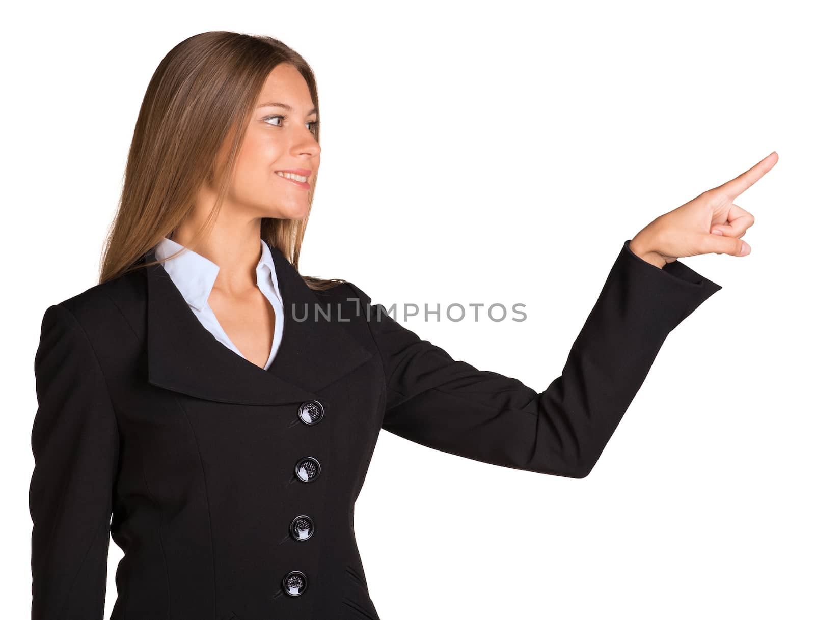 Businesswoman pointing her finger forward. Isolated on white background
