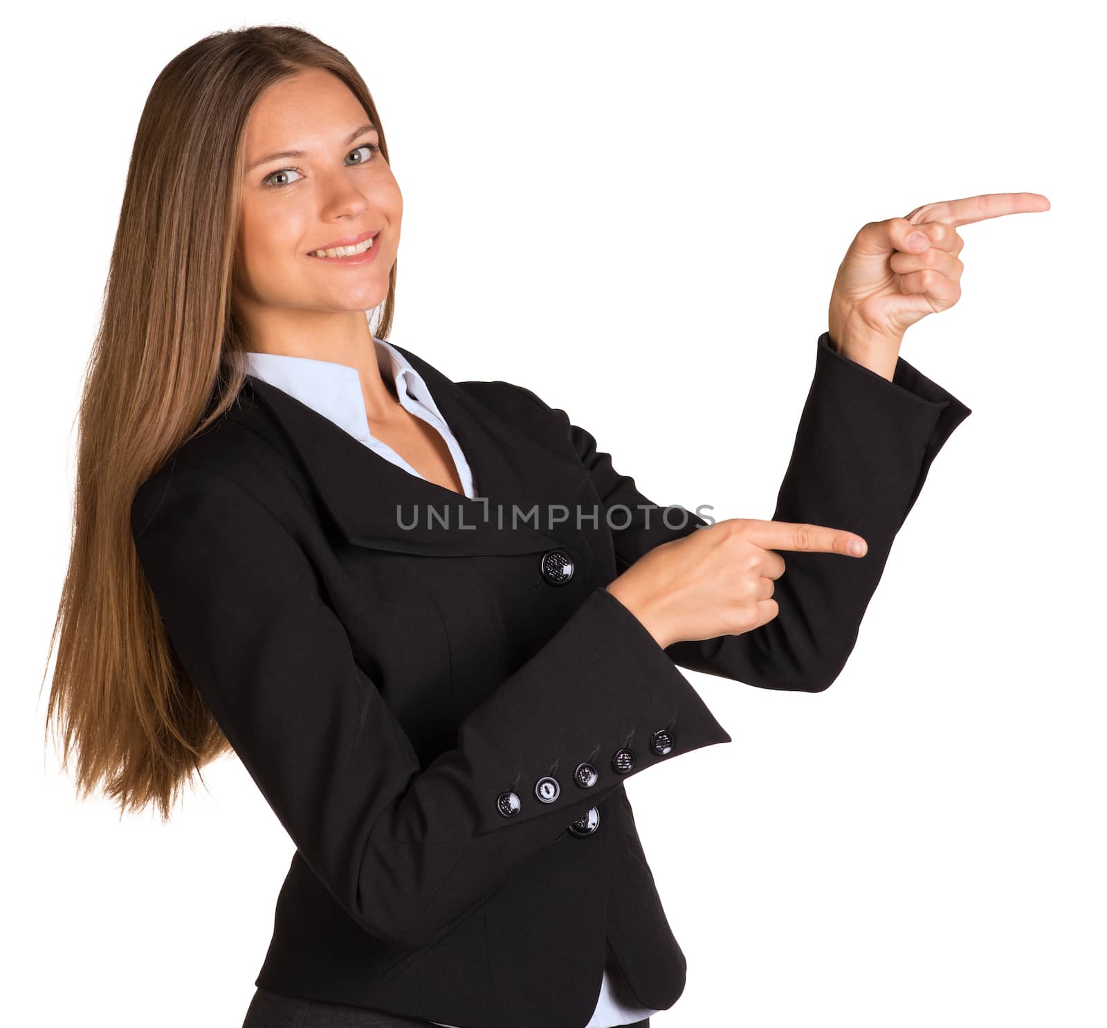 Businesswoman points fingers toward. Isolated on white background
