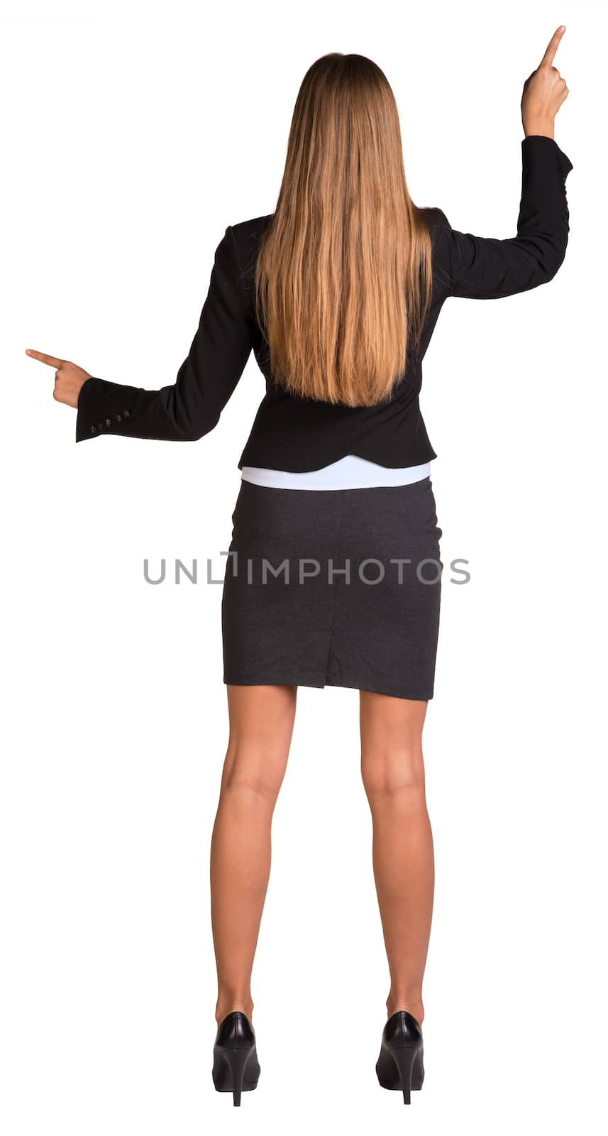 Businesswoman pushing fingers in opposite directions. Rear view. Isolated on white background