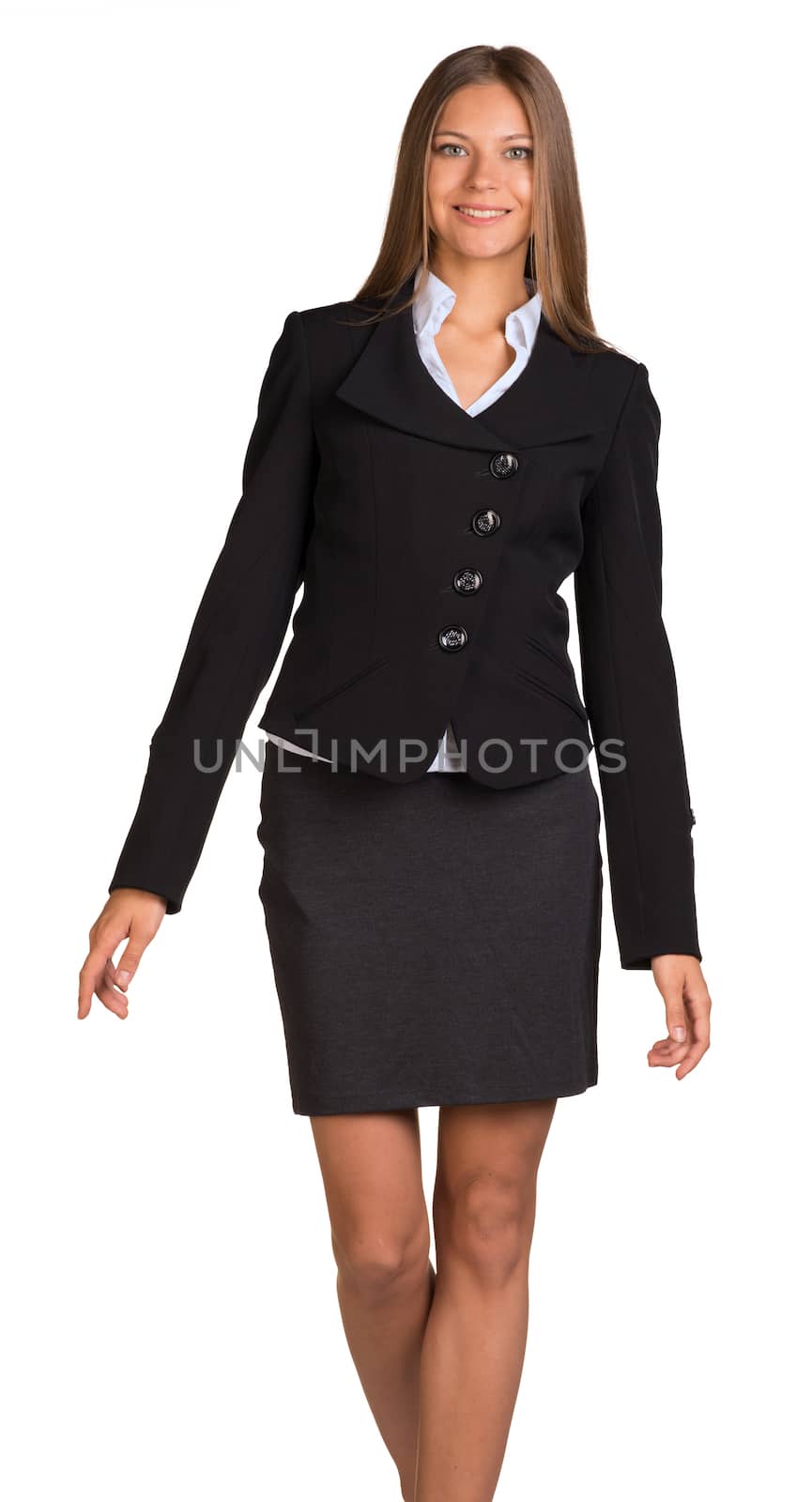 Businesswoman walks forward. Isolated on the white background