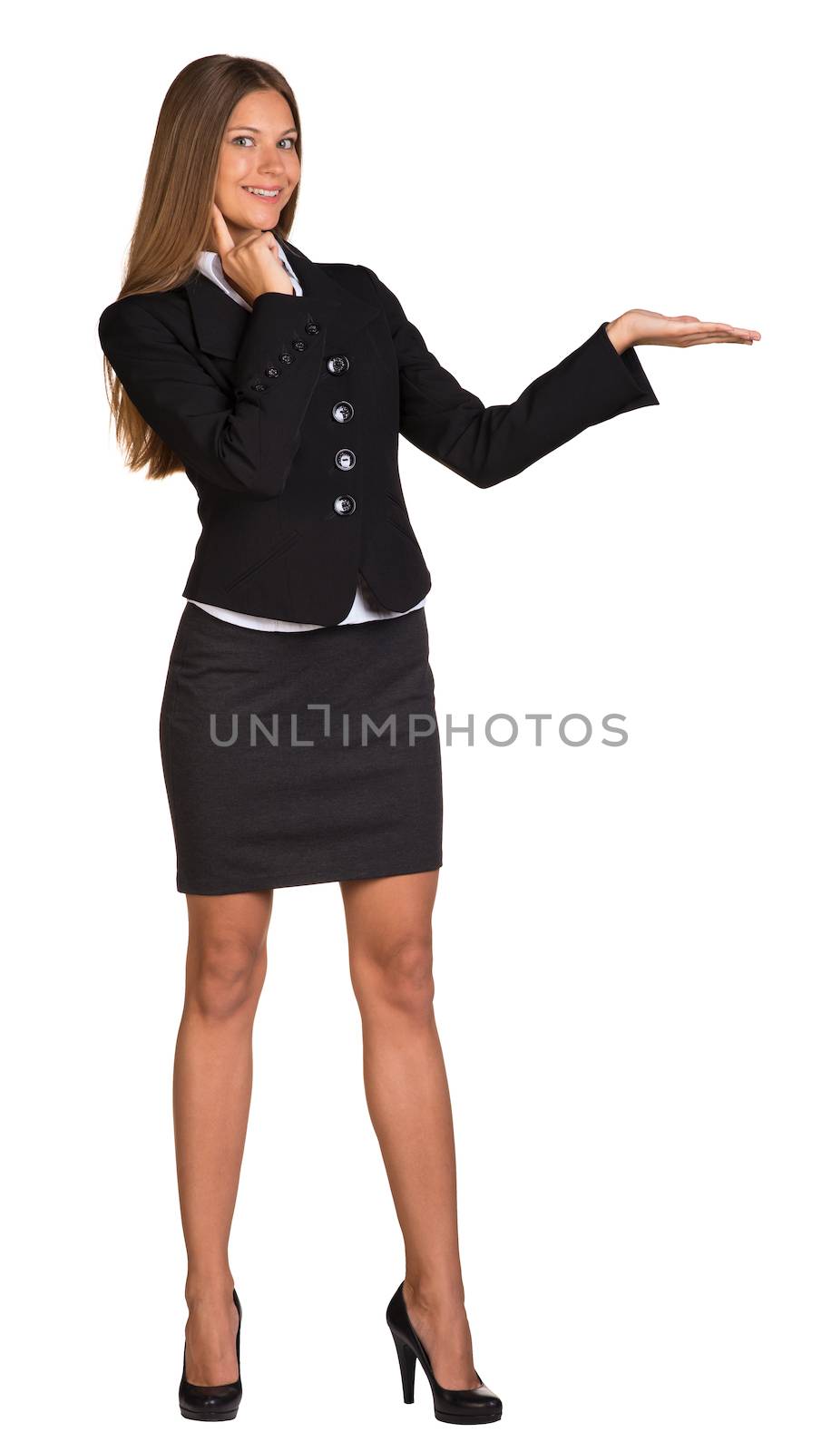 Businesswoman holding anything. Isolated on white background