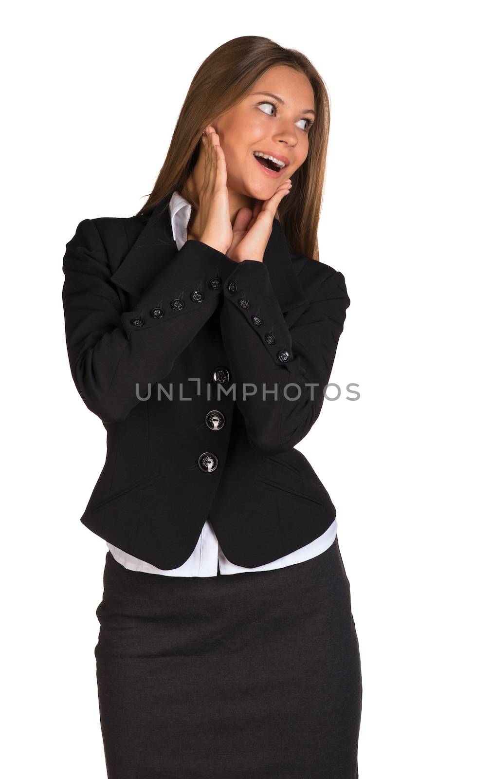 Joyful businesswoman. Isolated on the white background