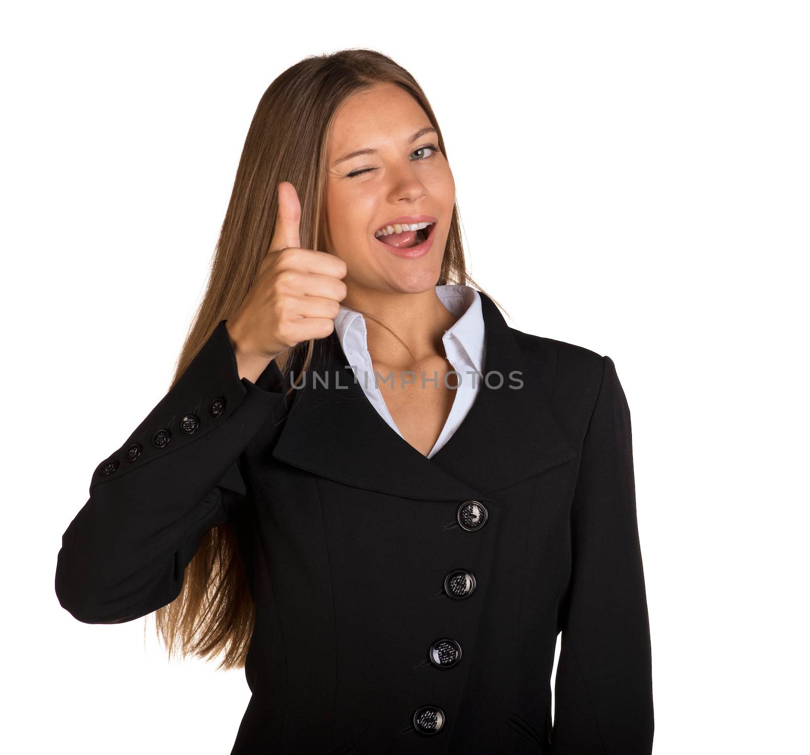 Businesswoman showing thumb up. Isolated on white background