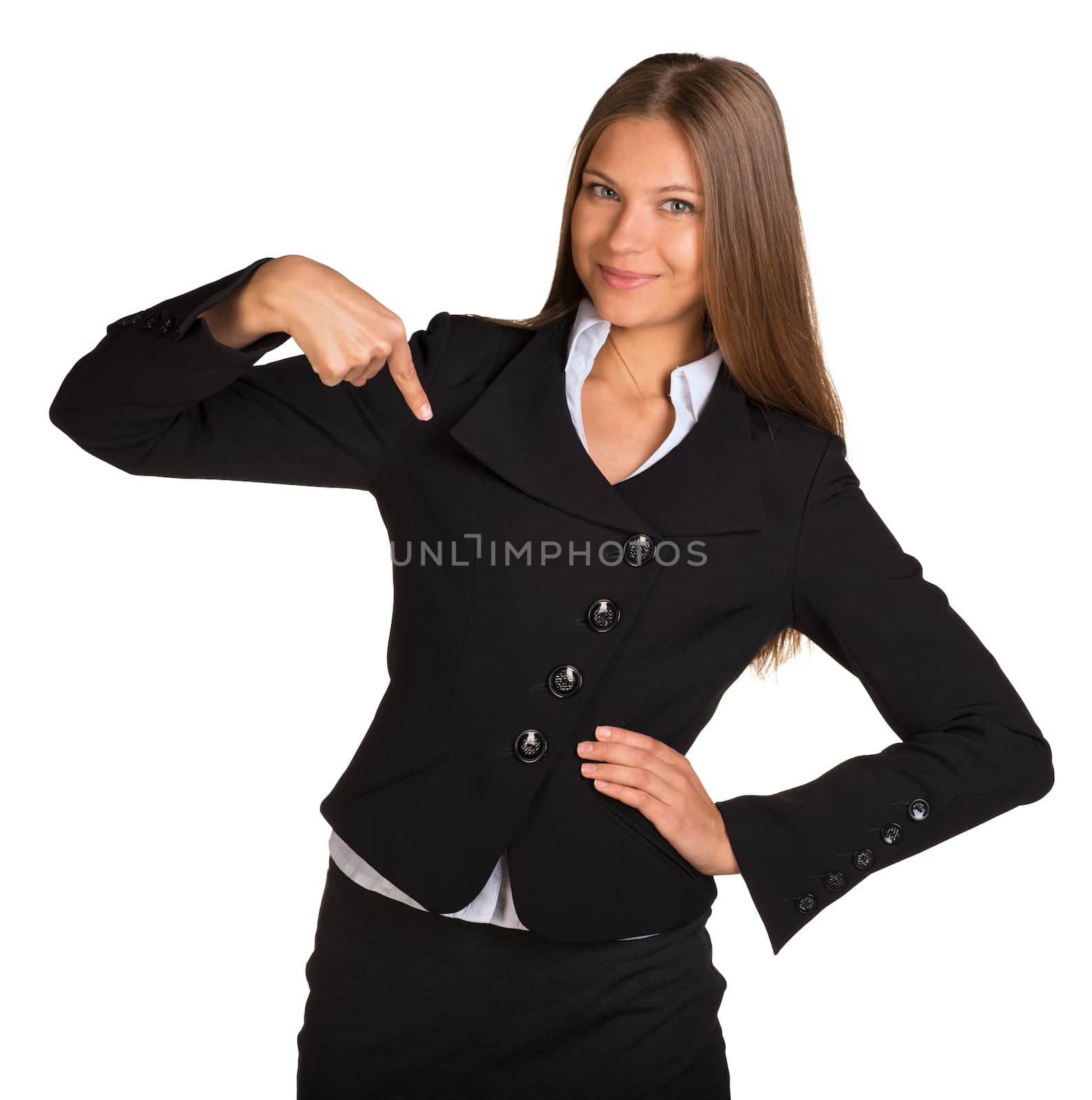 Businesswoman pointing at himself. Isolated on white background