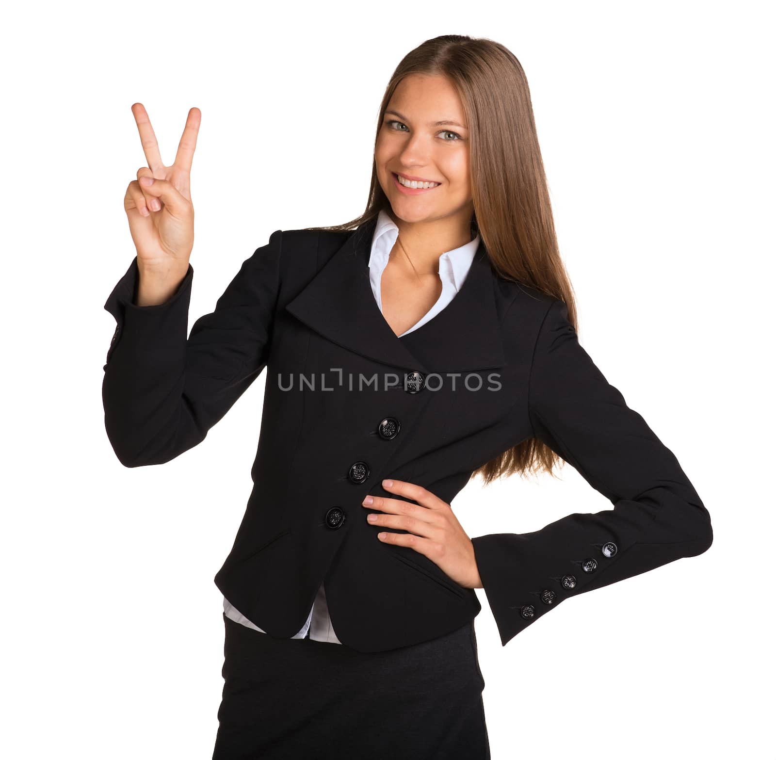 Businesswoman showing victory sign. Isolated on white background