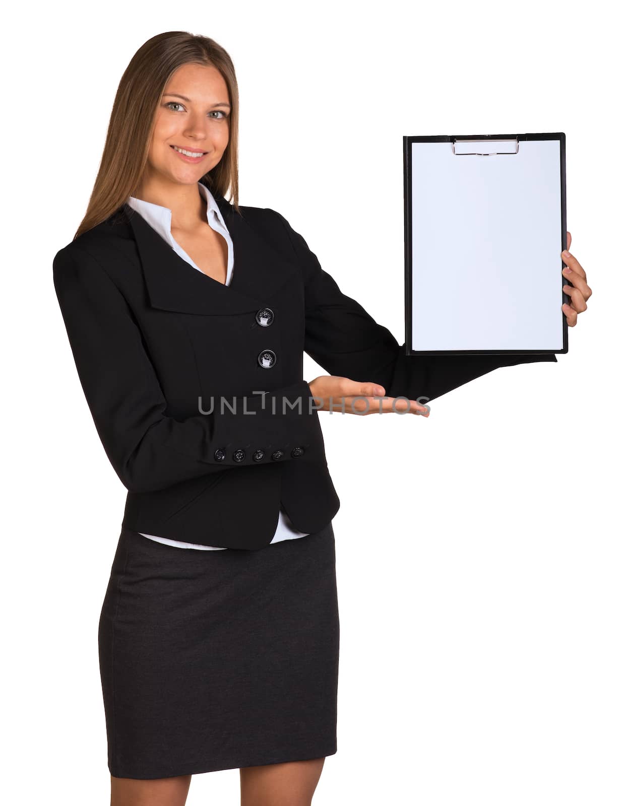 Businesswoman holding paper holder in his hands. Isolated on white background